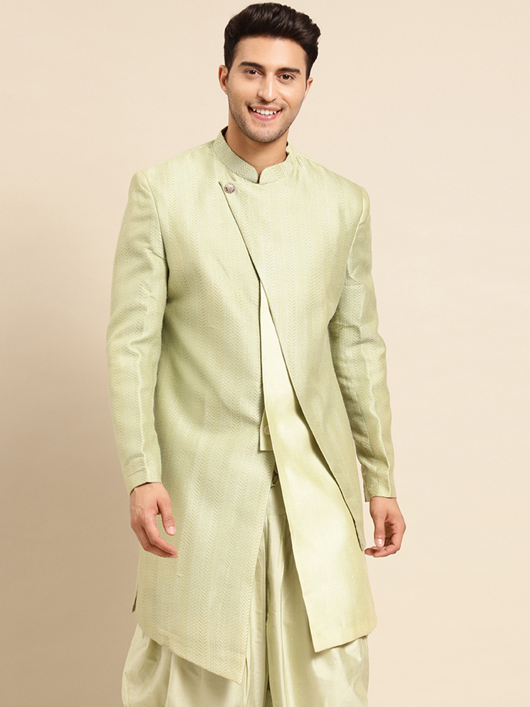 

KISAH Men Self Design Mandarin Collar Indowestern Sherwani, Green