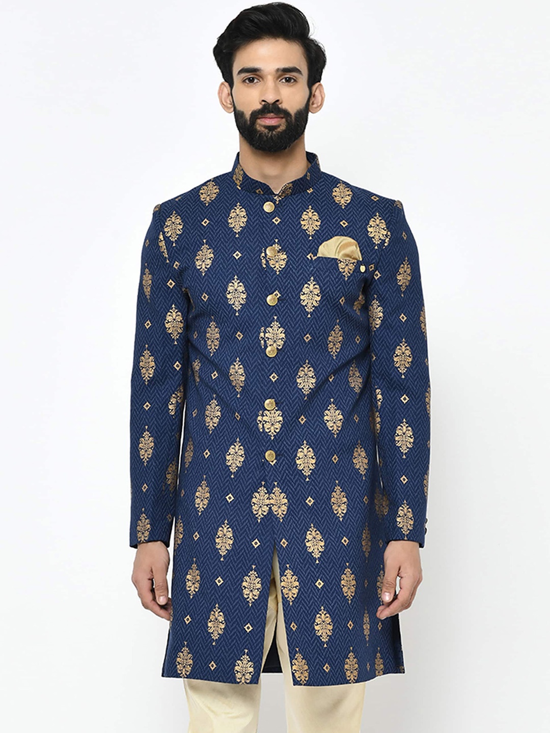 

KISAH Men Ethnic Motifs Foli Printed Mandarin Collar Indowestern Sherwani, Navy blue