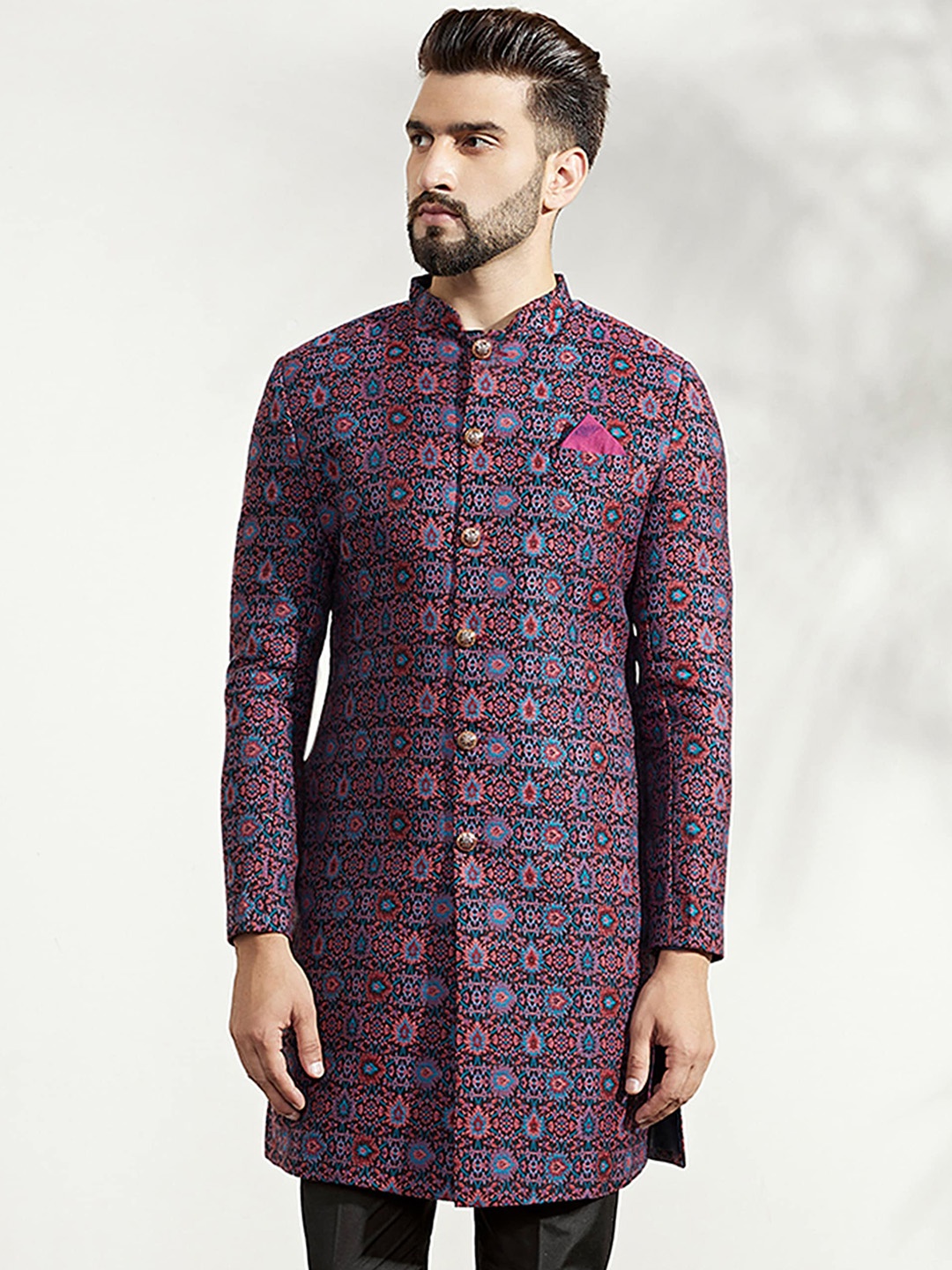 

KISAH Men Floral Woven Design Mandarin Collar Indowestern Sherwani, Pink