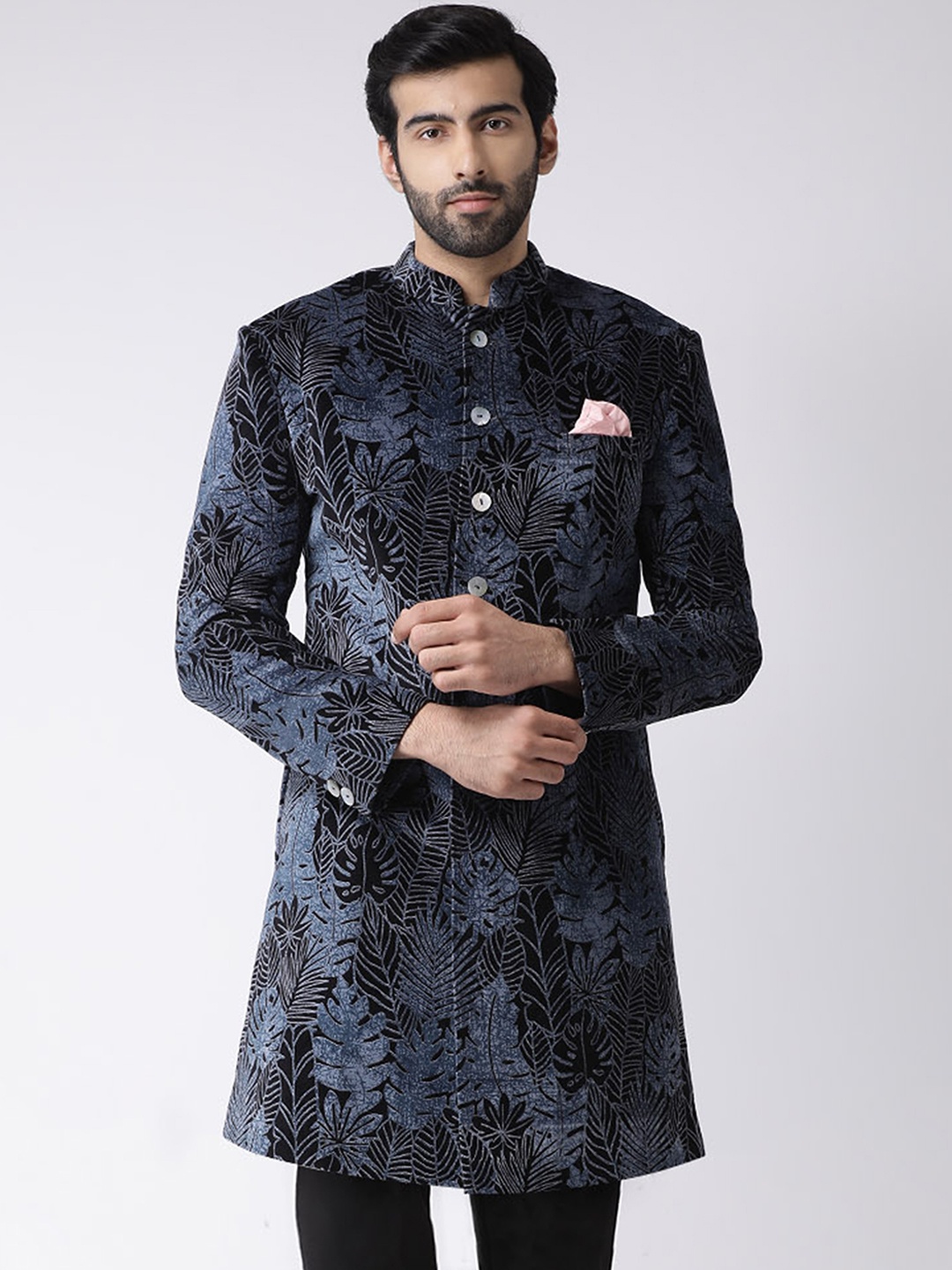 

KISAH Men Ethnic Motifs Woven Design Mandarin Collar Indowestern Sherwani, Blue