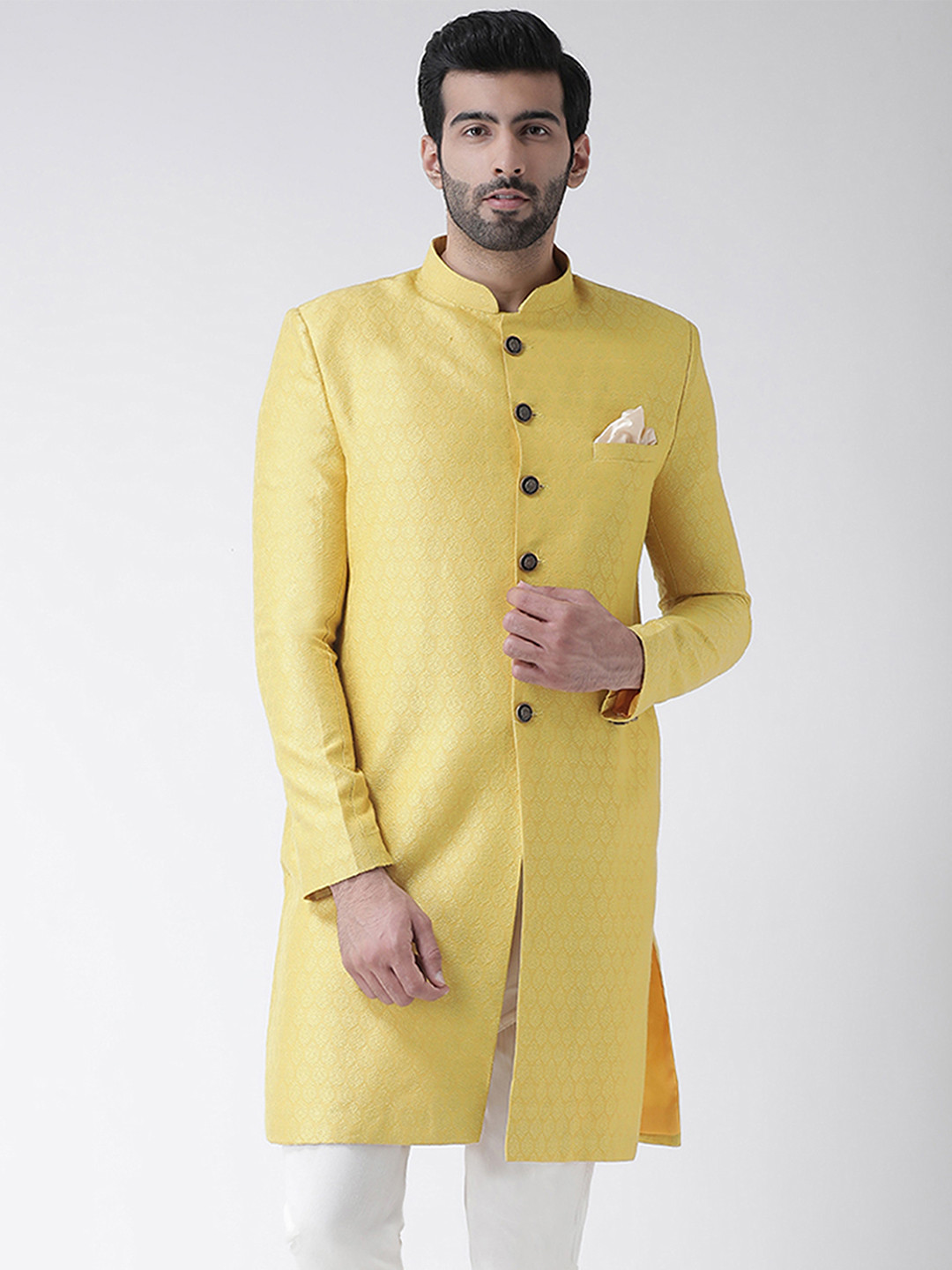 

KISAH Men Ethnic Motifs Woven Design Mandarin Collar Indowestern Sherwani, Yellow