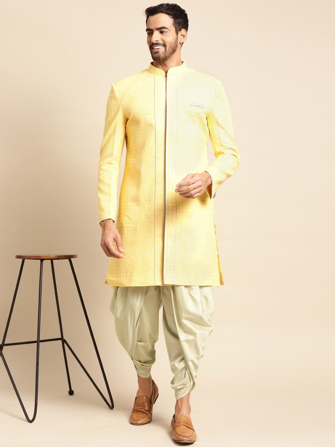 

KISAH Men Floral Printed Mandarin Collar Indowestern Sherwani, Yellow