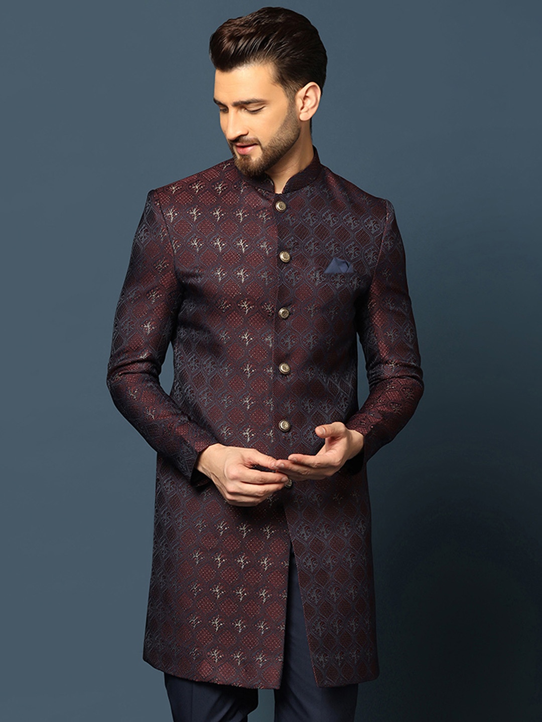 

KISAH Men Ethnic Motifs Woven Design Mandarin Collar Indowestern Sherwani, Purple