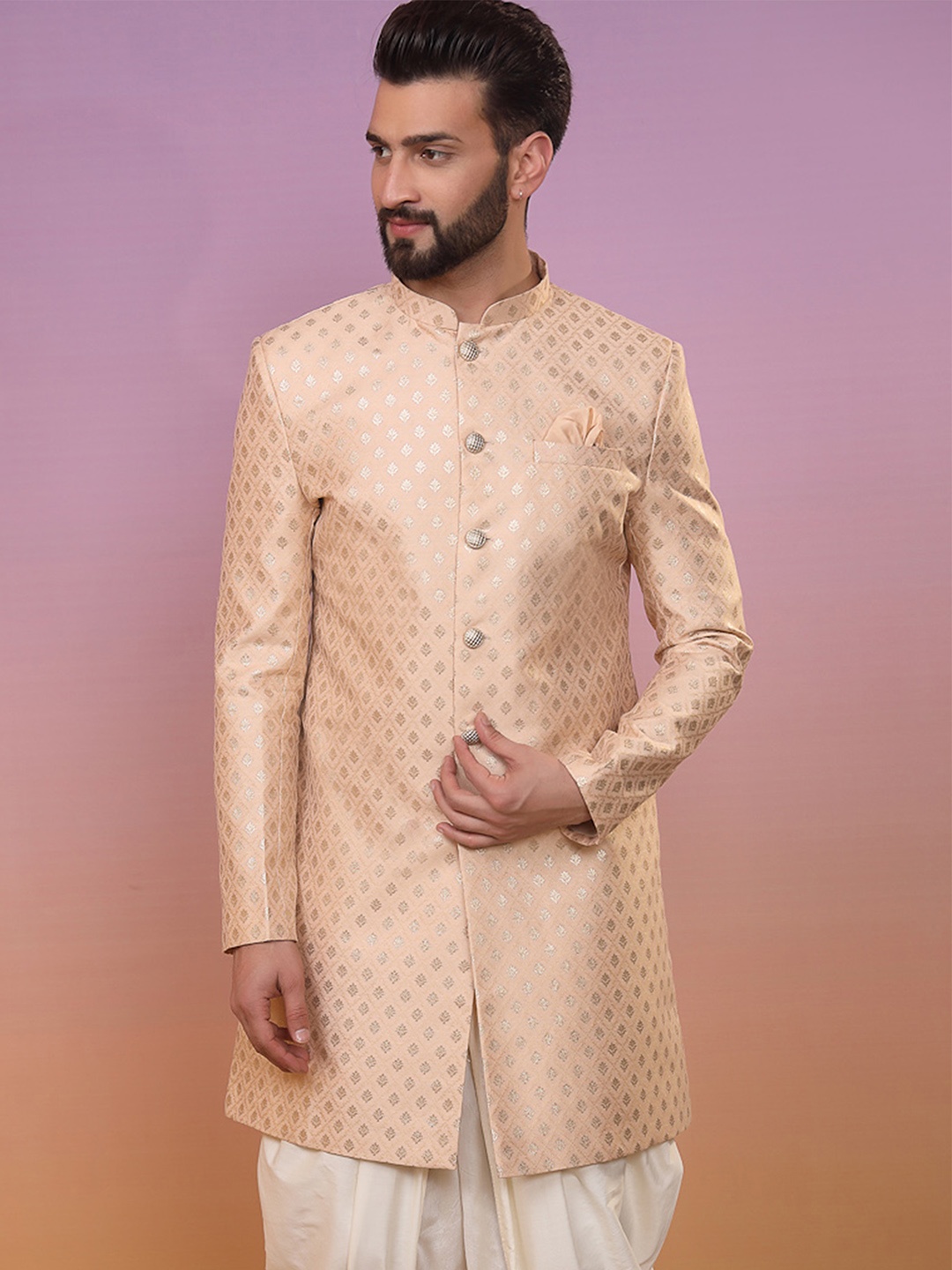 

KISAH Men Ethnic Motifs Woven Design Mandarin Collar Indowestern Sherwani, Beige