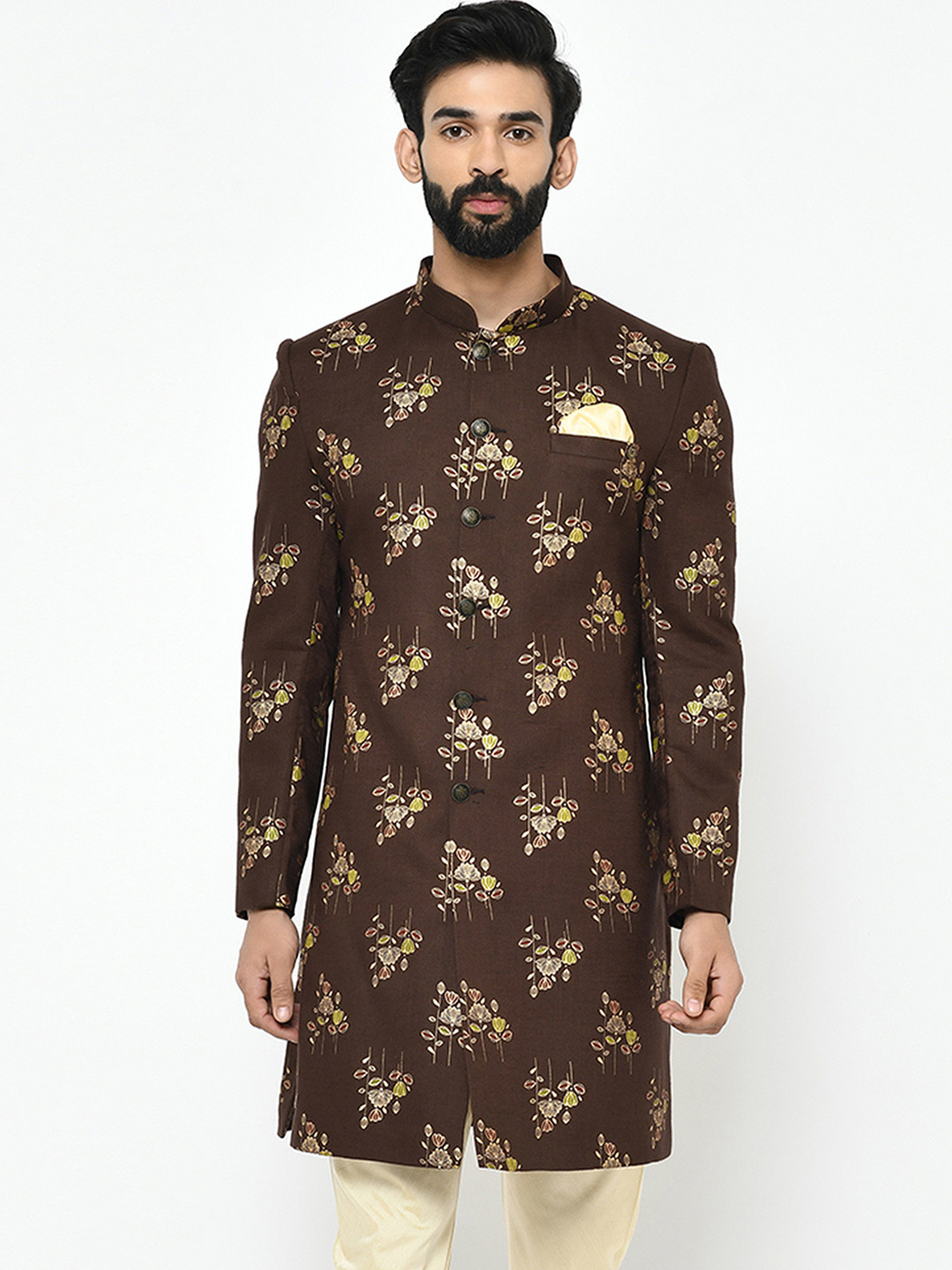 

KISAH Men Floral Printed Mandarin Collar Indowestern Sherwani, Brown