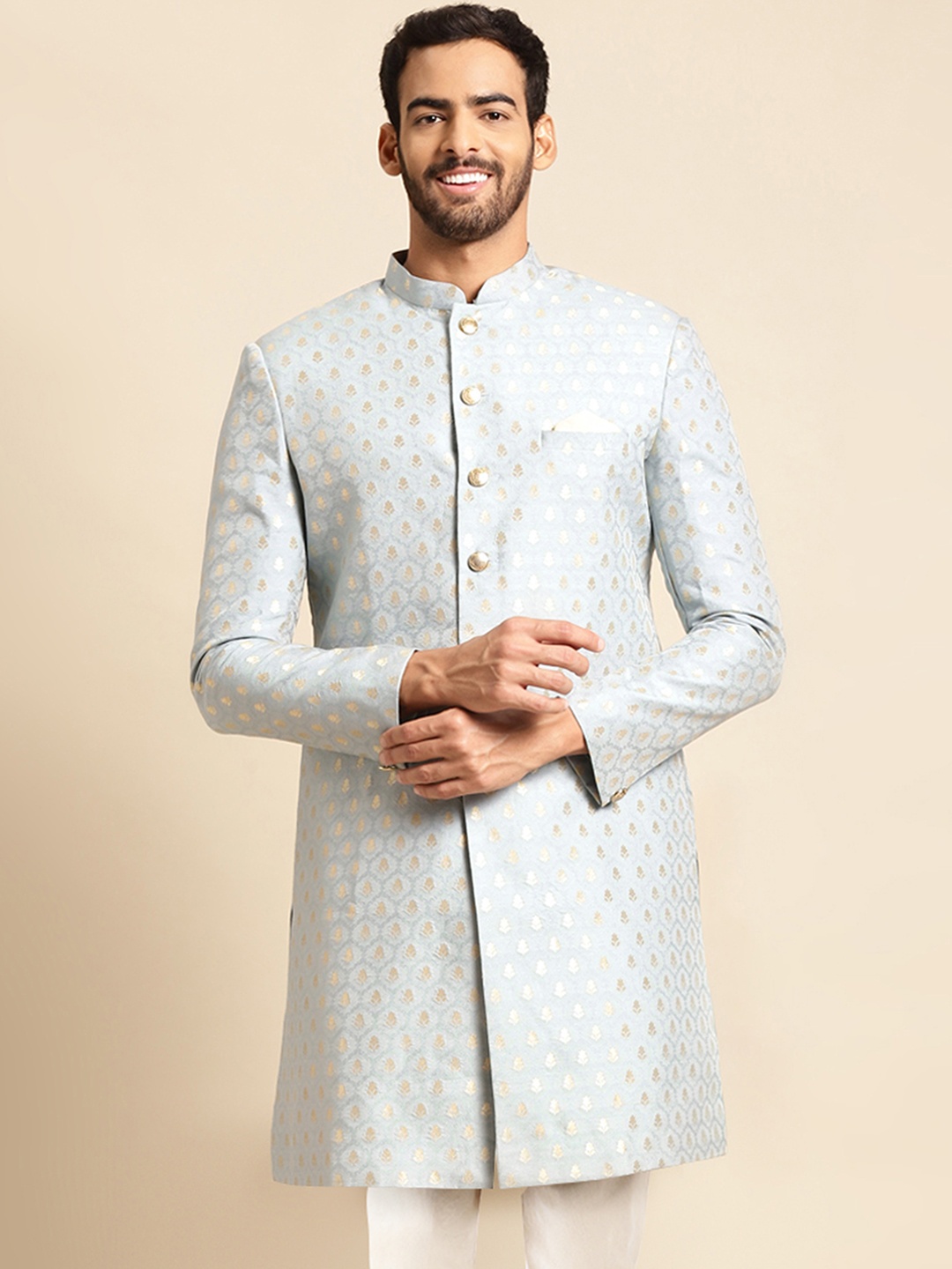 

KISAH Men Ethnic Motifs Woven Design Mandarin Collar Indowestern Sherwani, Blue