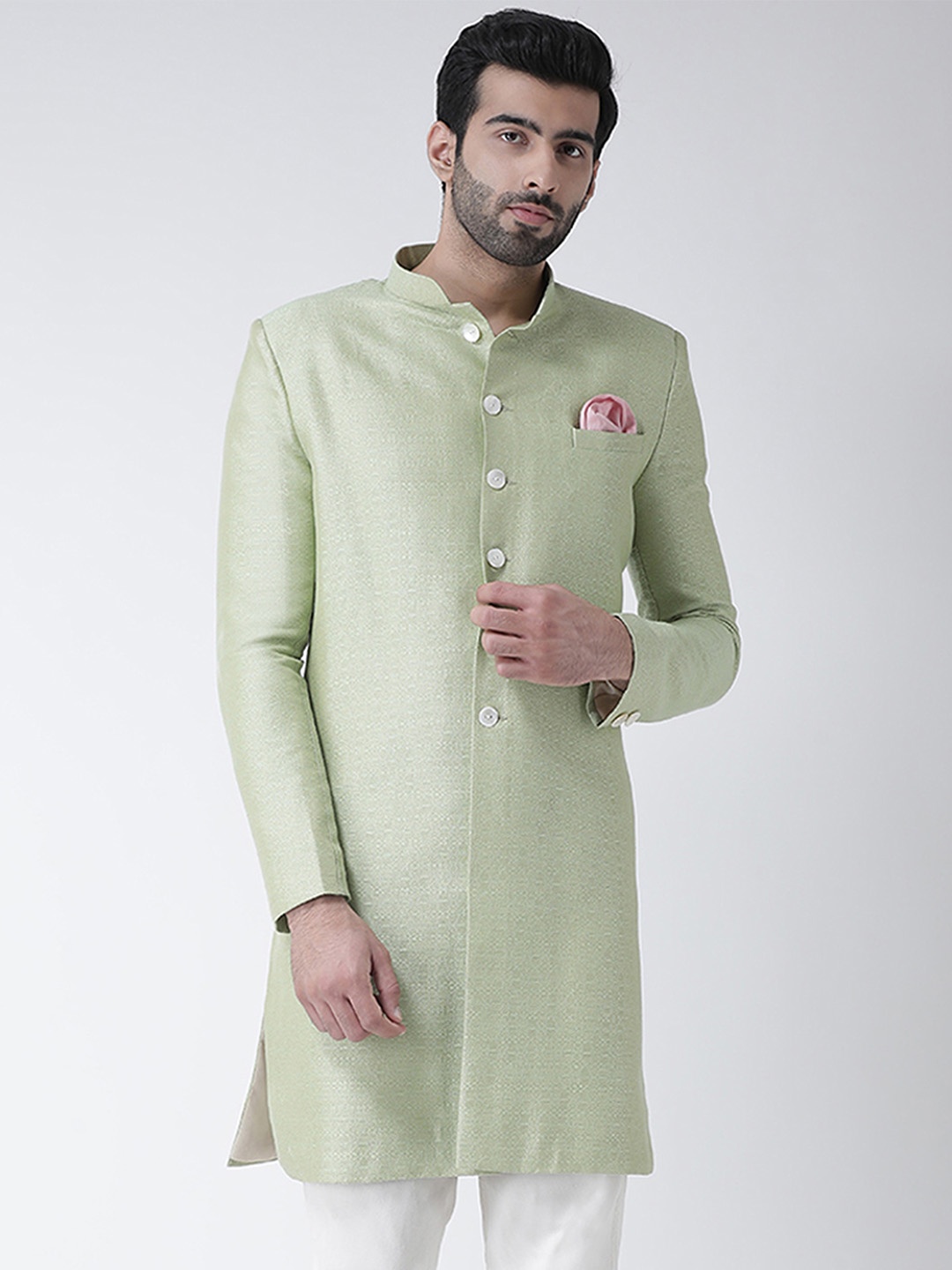 

KISAH Men Geometric Self Design Mandarin Collar Indowestern Sherwani, Green