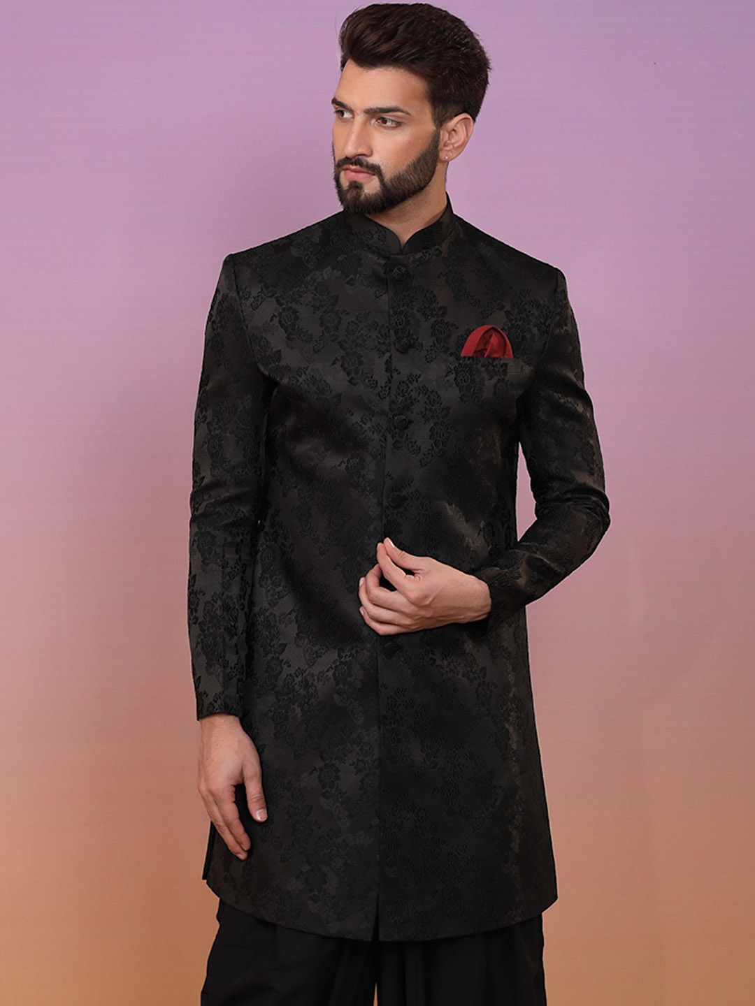 KISAH Men Floral Woven Design Mandarin Collar Indowestern Sherwani, Black