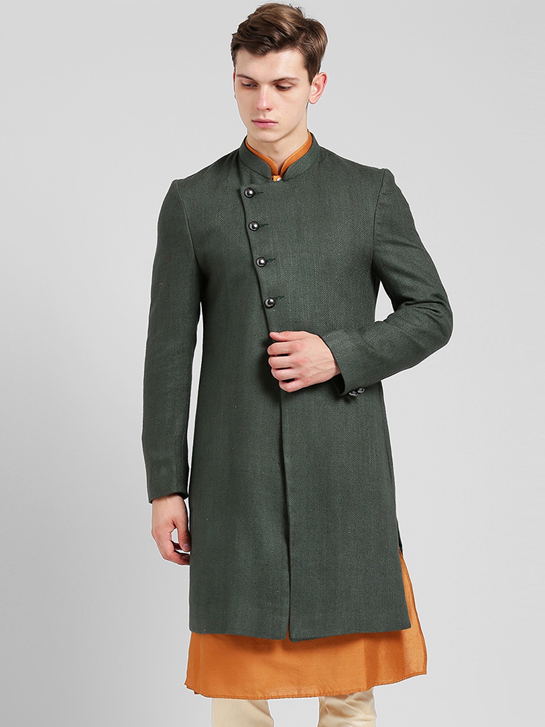 

KISAH Men Self Design Mandarin Collar Indowestern Sherwani, Green