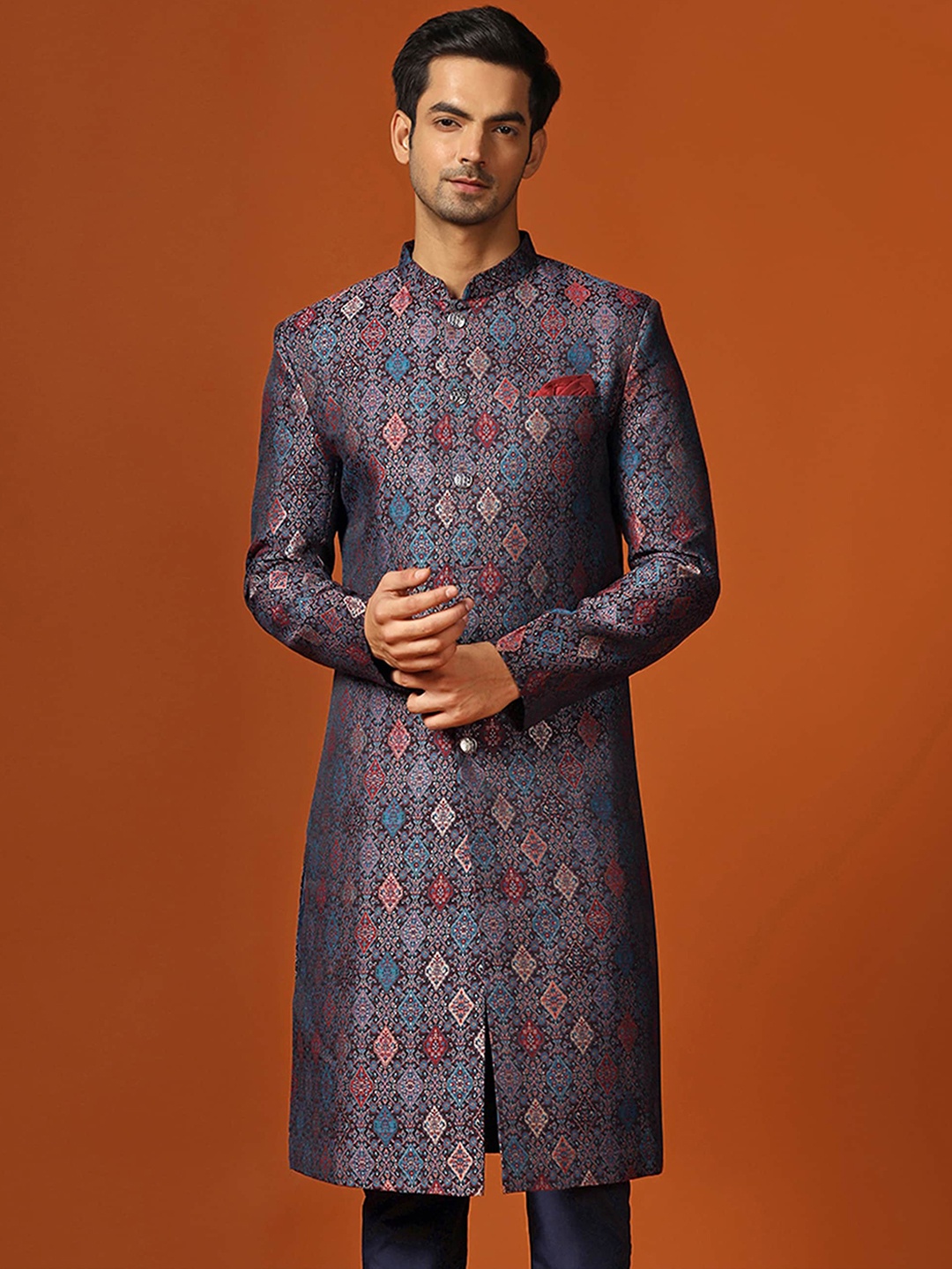 

KISAH Men Ethnic Motifs Woven Design Mandarin Collar Indowestern Sherwani, Blue