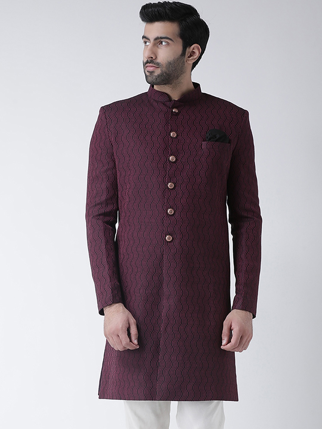 

KISAH Men Geometric Printed Mandarin Collar Indowestern Sherwani, Pink