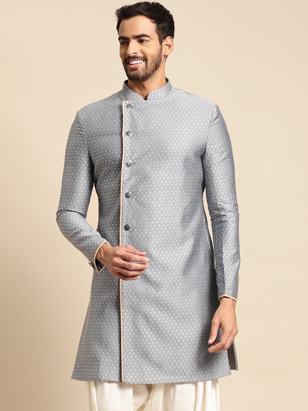 

KISAH Men Floral Woven Design Mandarin Collar Indowestern Sherwani, Grey