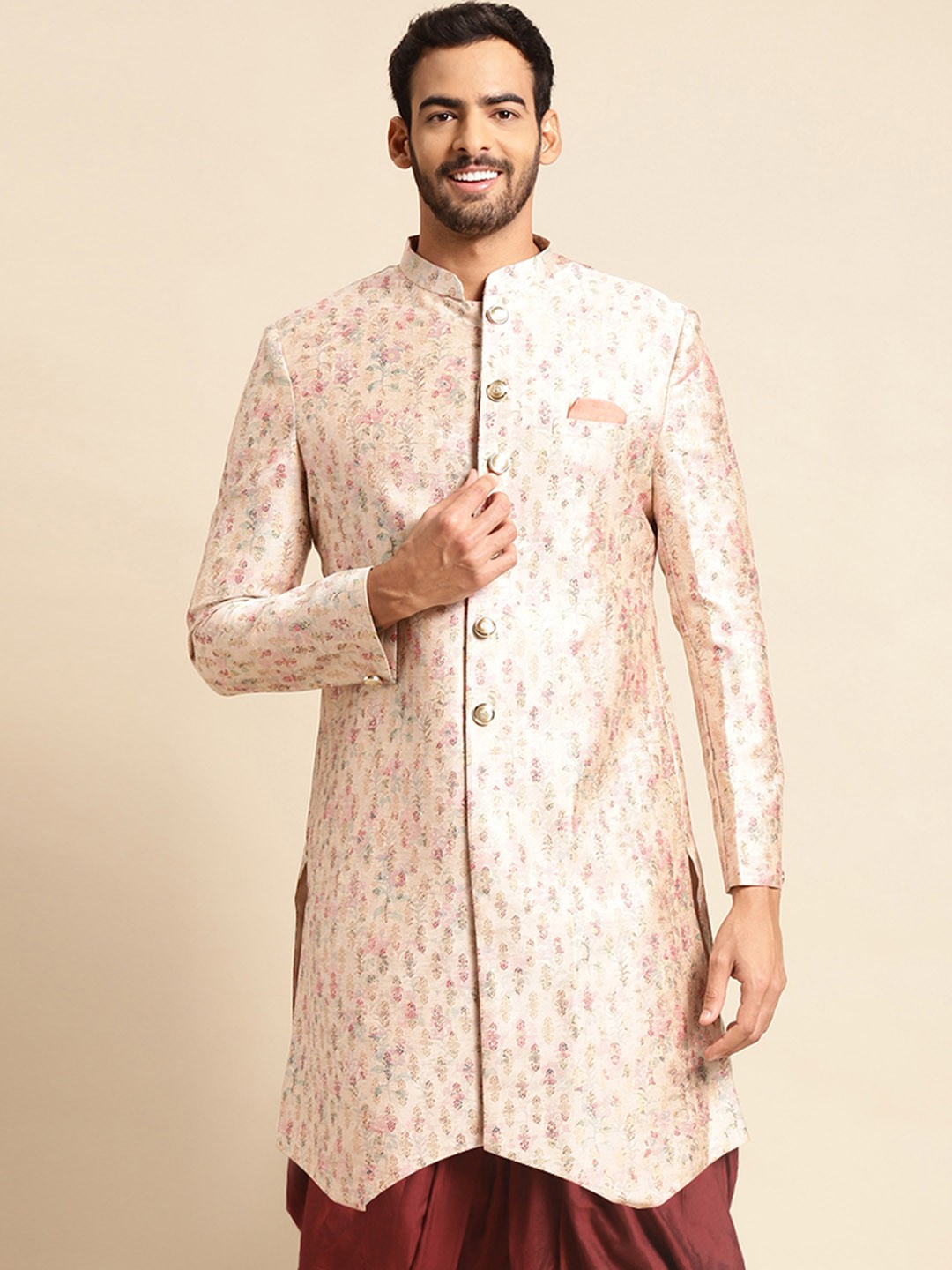 

KISAH Men Ethnic Motifs Woven Design Mandarin Collar Indowestern Sherwani, Beige