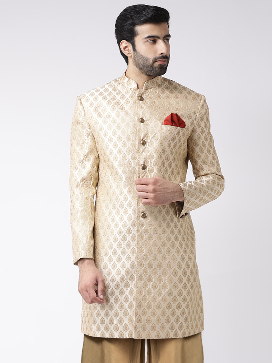 

KISAH Men Ethnic Motifs Woven Design Mandarin Collar Indowestern Sherwani, Beige
