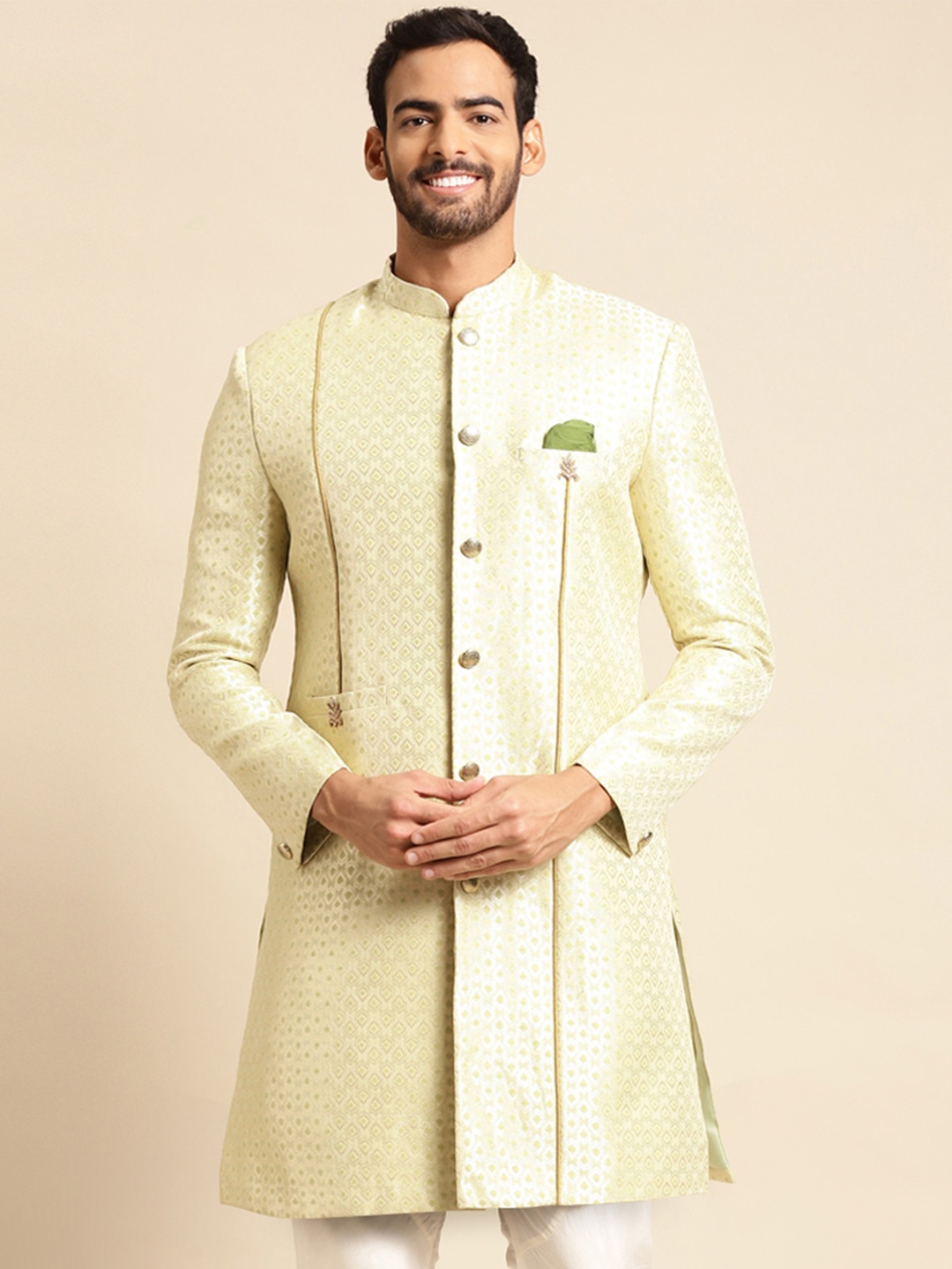 

KISAH Men Ethnic Motifs Woven Design Mandarin Collar Indowestern Sherwani, Green
