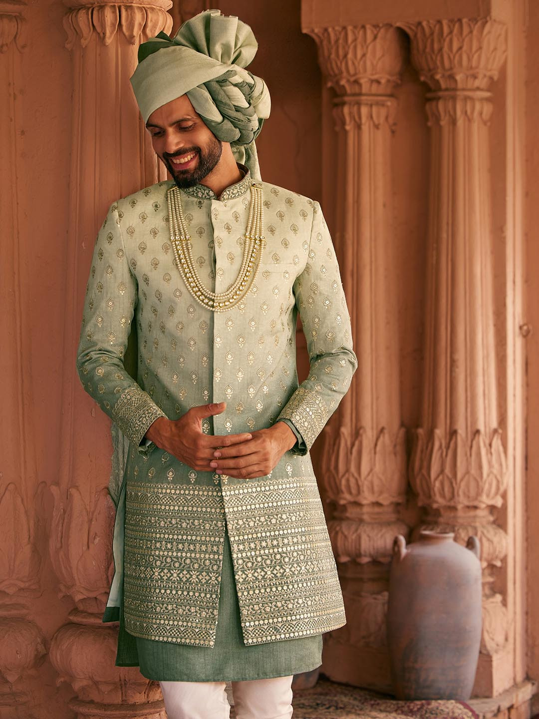 

KISAH Men Ethnic Motifs Self Design Mandarin Collar Indowestern Sherwani, Green