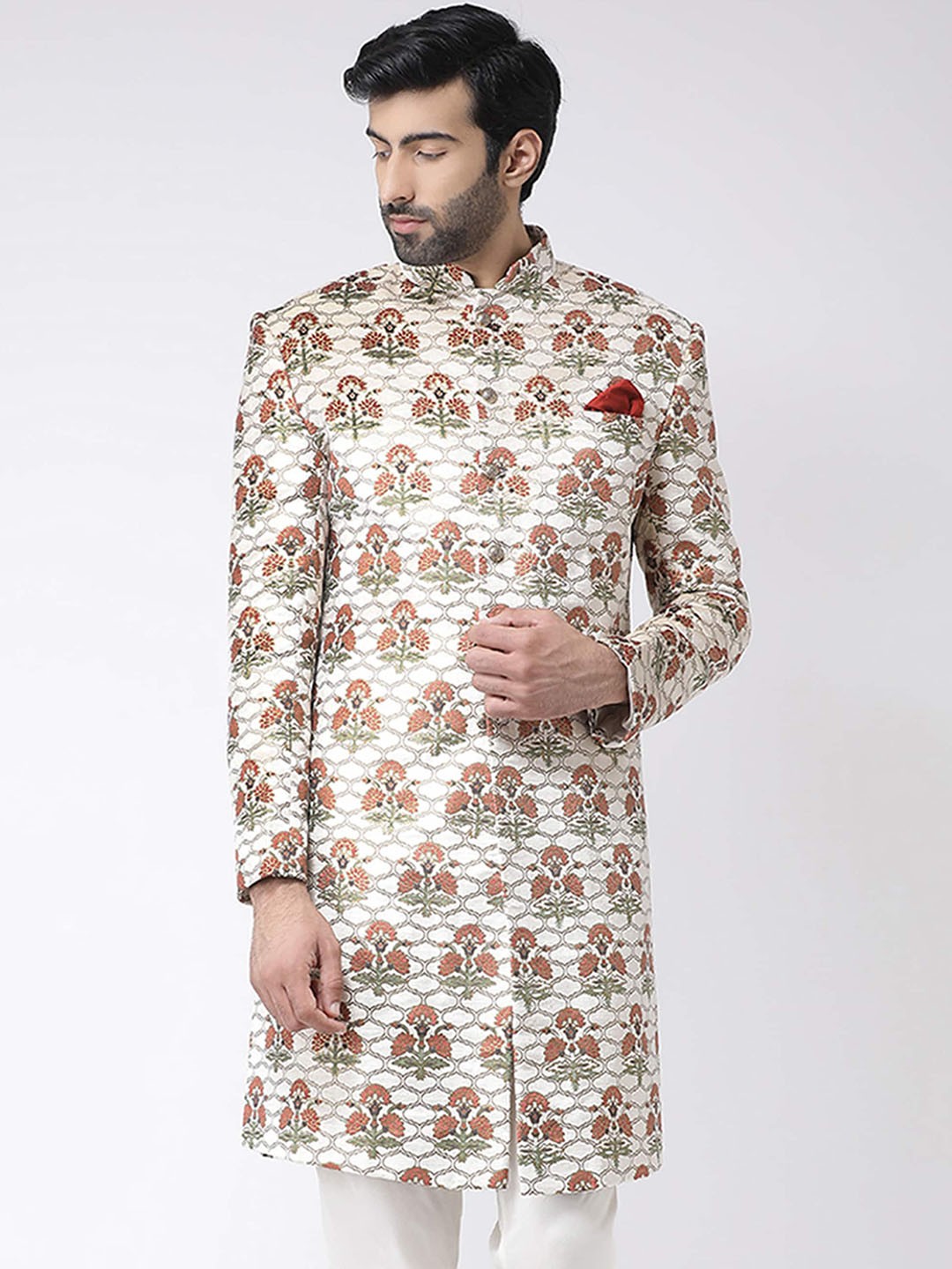 

KISAH Men Floral Printed Mandarin Collar Indowestern Sherwani, White