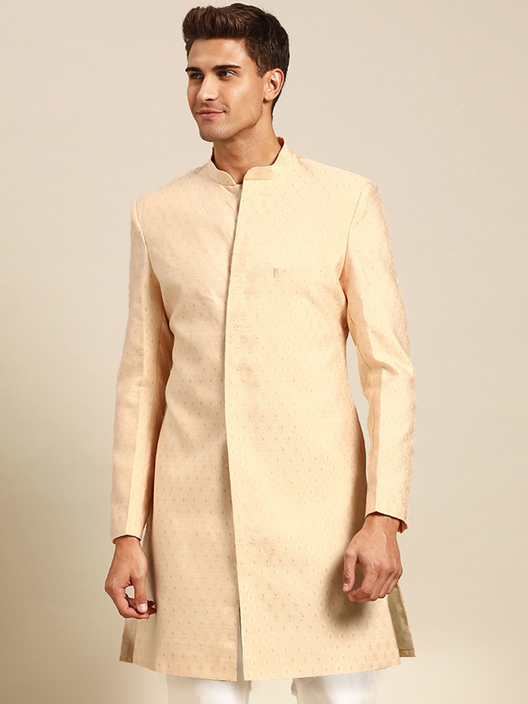 

KISAH Men Ethnic Motifs Woven Design Mandarin Collar Indowestern Sherwani, Beige