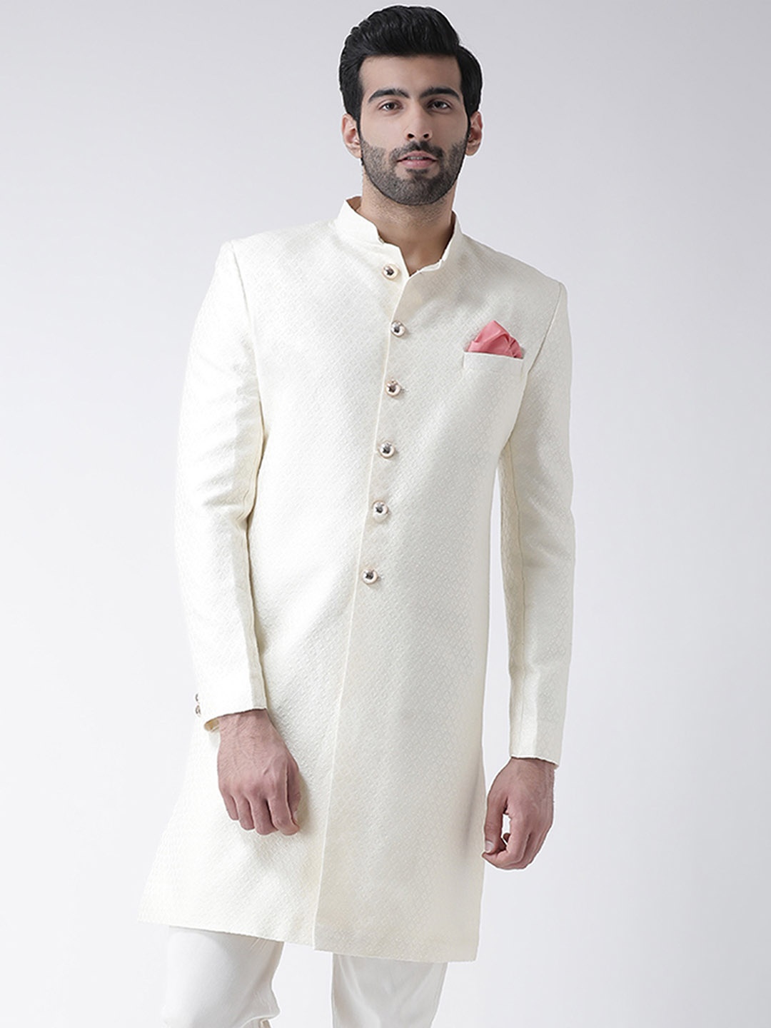 

KISAH Men Floral Embroidered Mandarin Collar Indowestern Sherwani, White