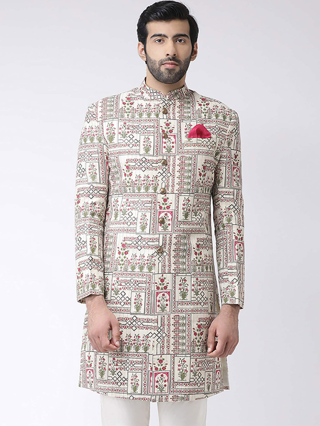 

KISAH Men Floral Printed Mandarin Collar Indowestern Sherwani, Cream