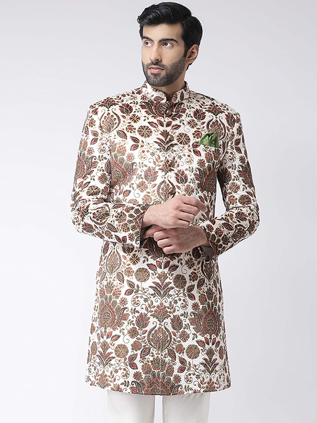 

KISAH Men Floral Printed Mandarin Collar Indowestern Sherwani, Off white