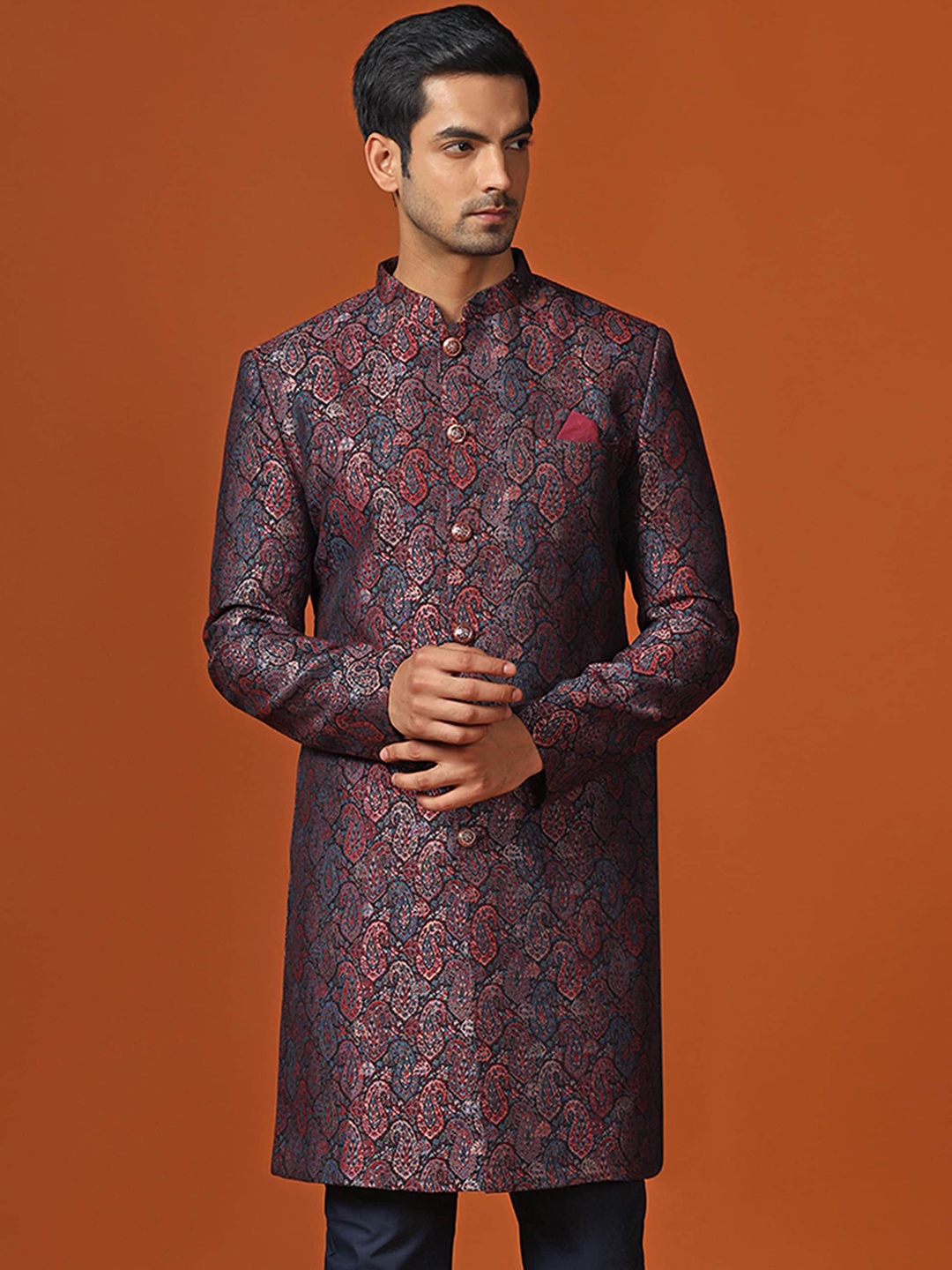 

KISAH Men Paisley Woven Design Mandarin Collar Indowestern Sherwani, Brown