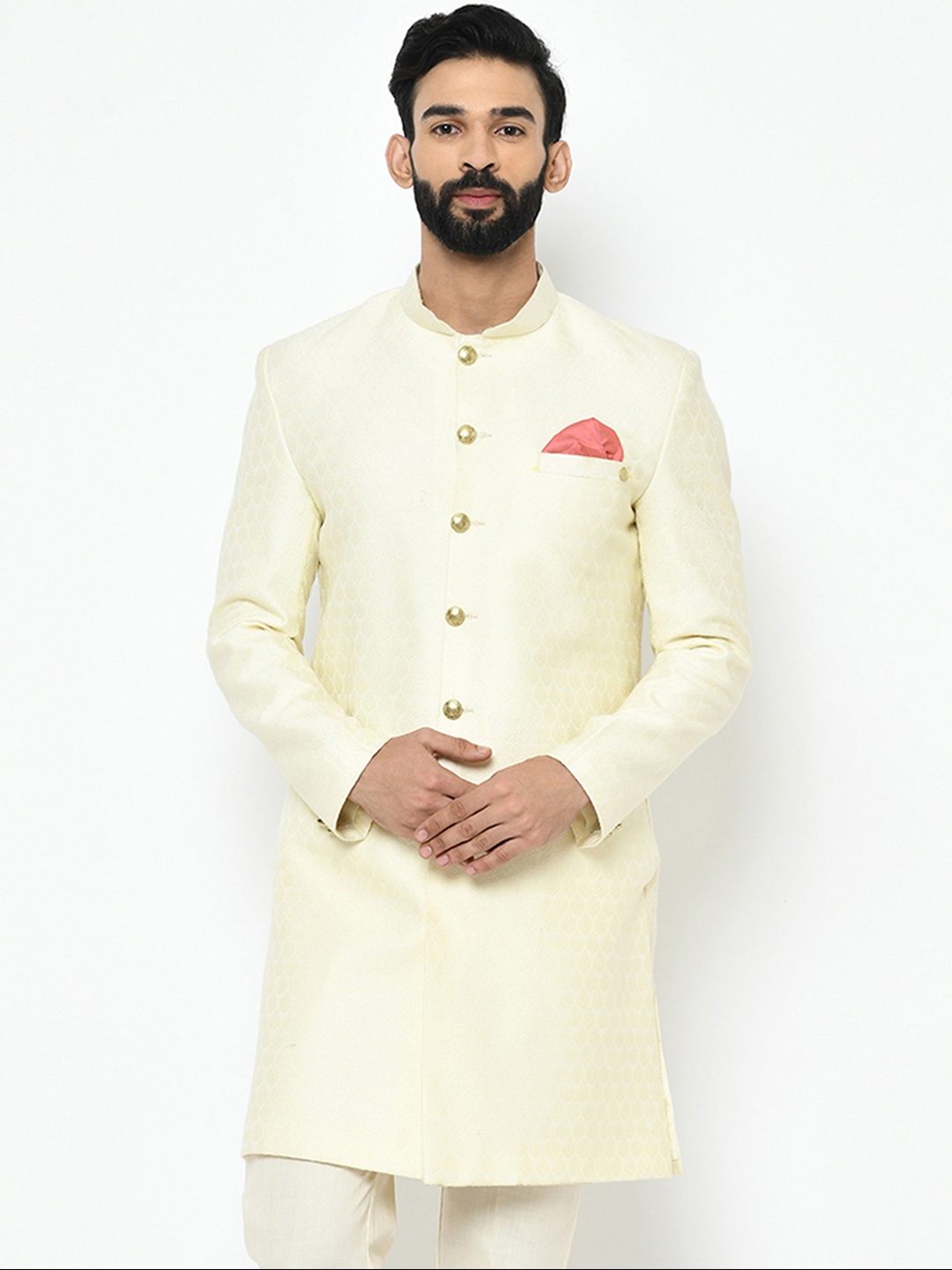 

KISAH Men Ethnic Motifs Woven Design Mandarin Collar Indowestern Sherwani, Cream