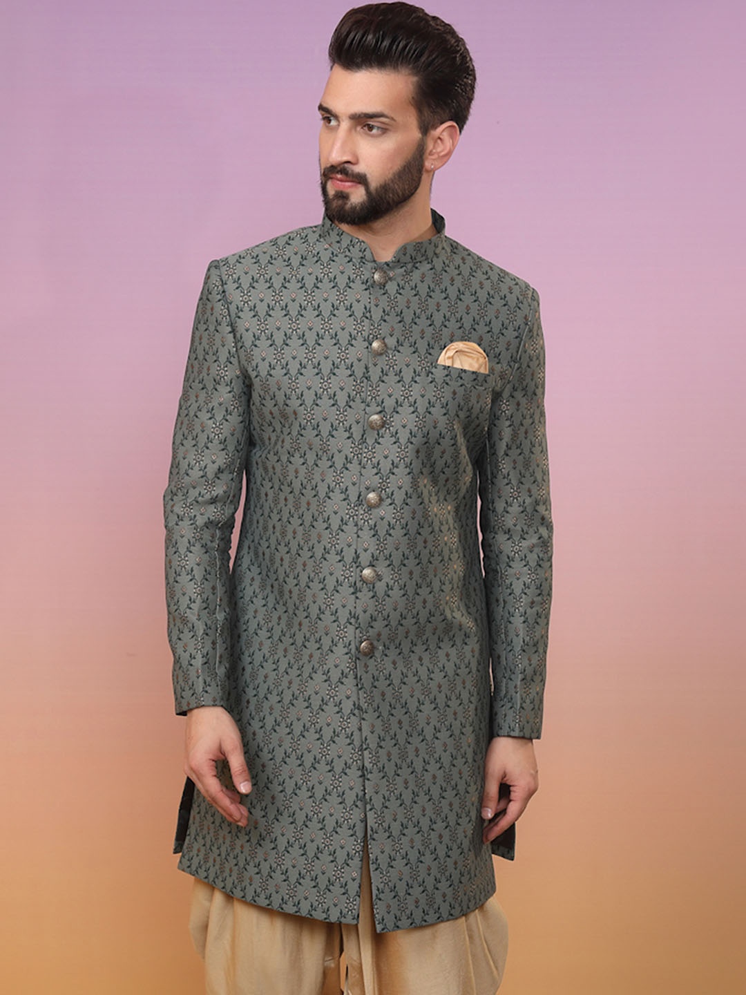 

KISAH Men Floral Printed Mandarin Collar Indowestern Sherwani, Grey