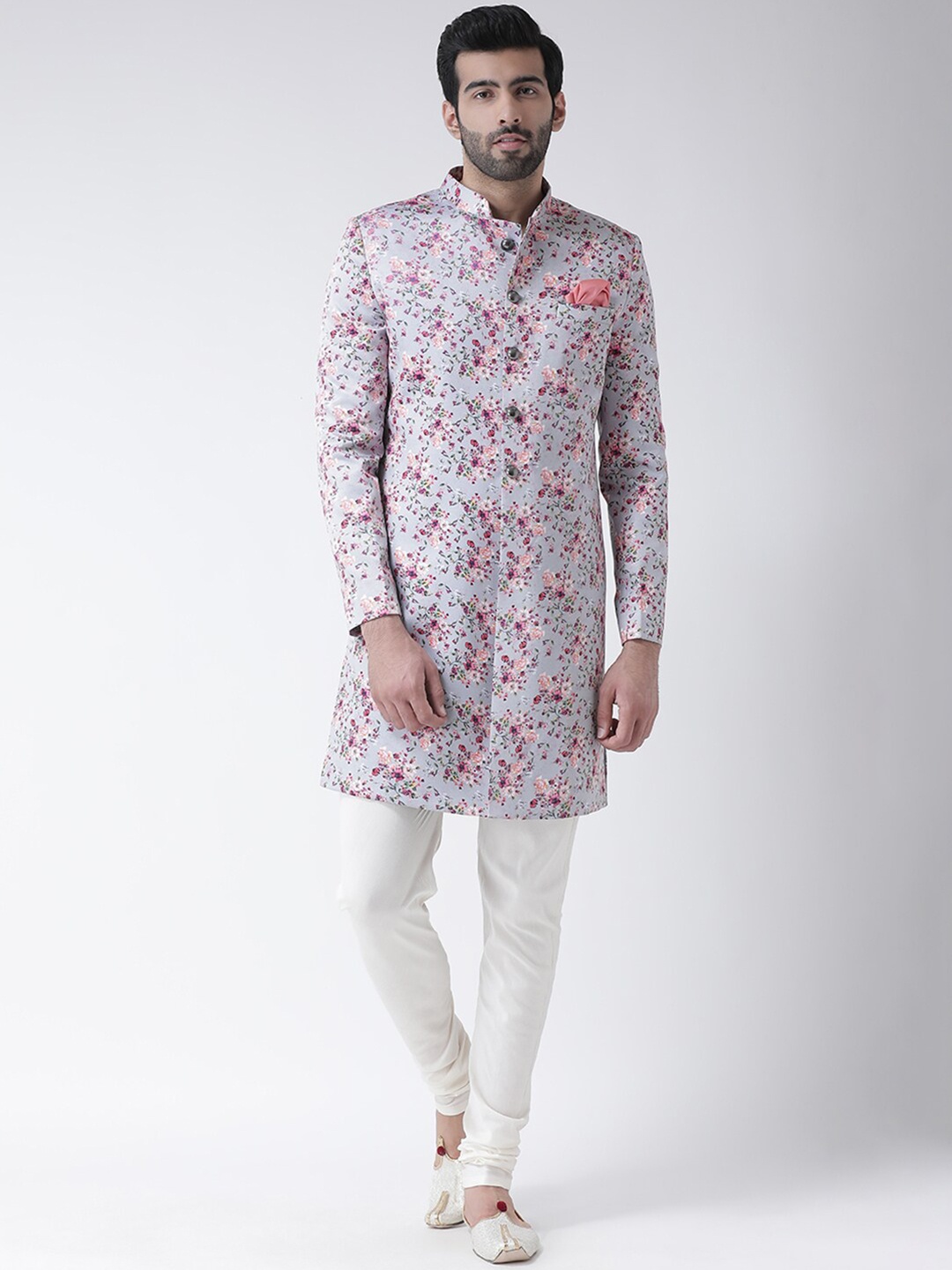 

KISAH Men Floral Printed Mandarin Collar Indowestern Sherwani, Blue
