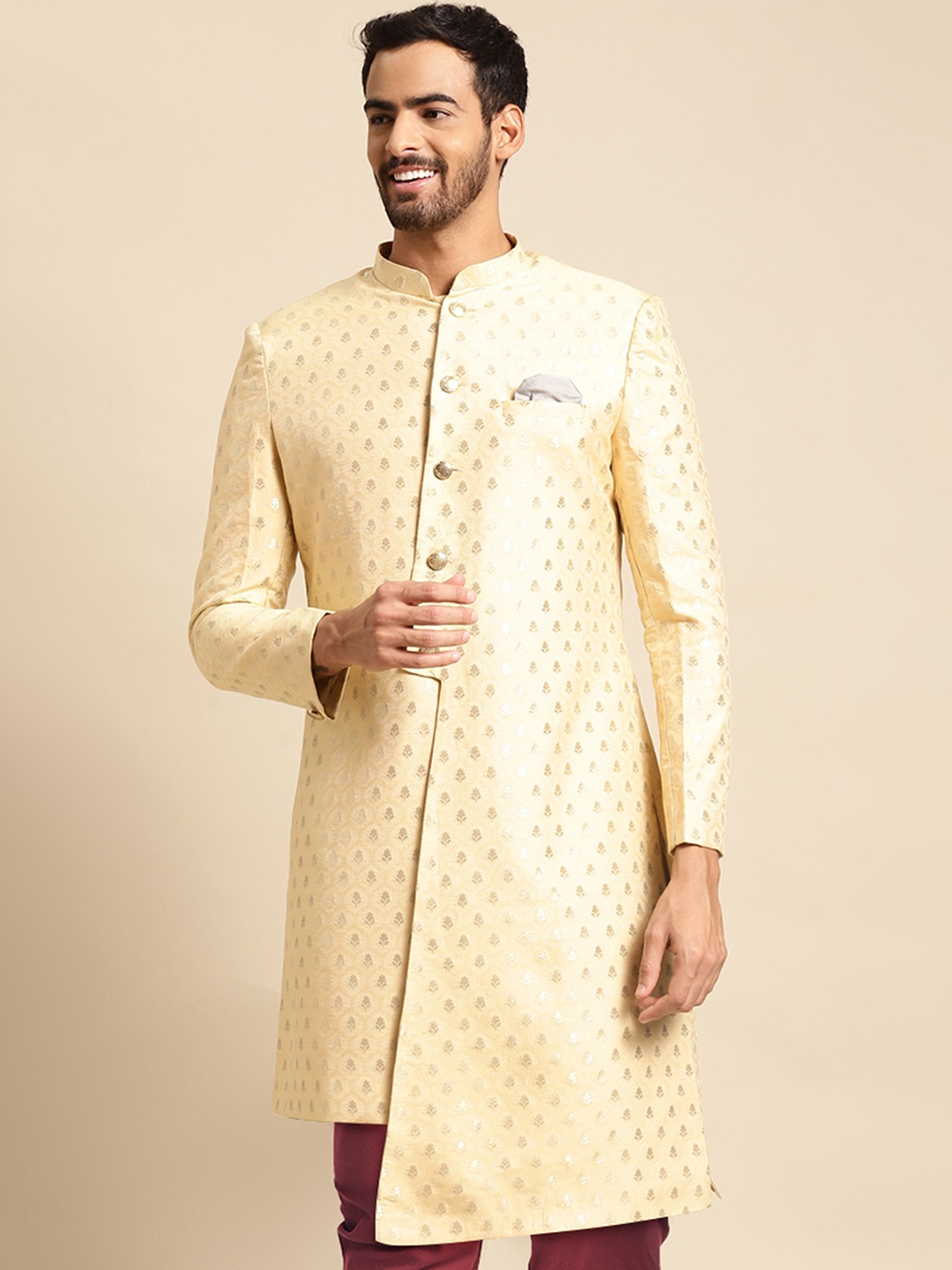 

KISAH Men Ethnic Motifs Woven Design Mandarin Collar Indowestern Sherwani, Yellow