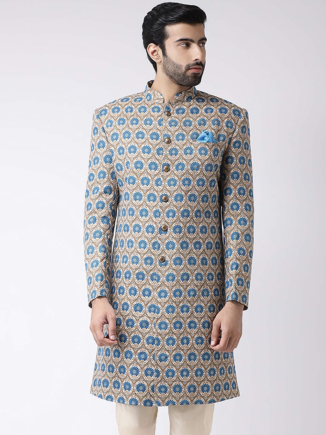 

KISAH Men Ethnic Motifs Printed Mandarin Collar Indowestern Sherwani, Beige