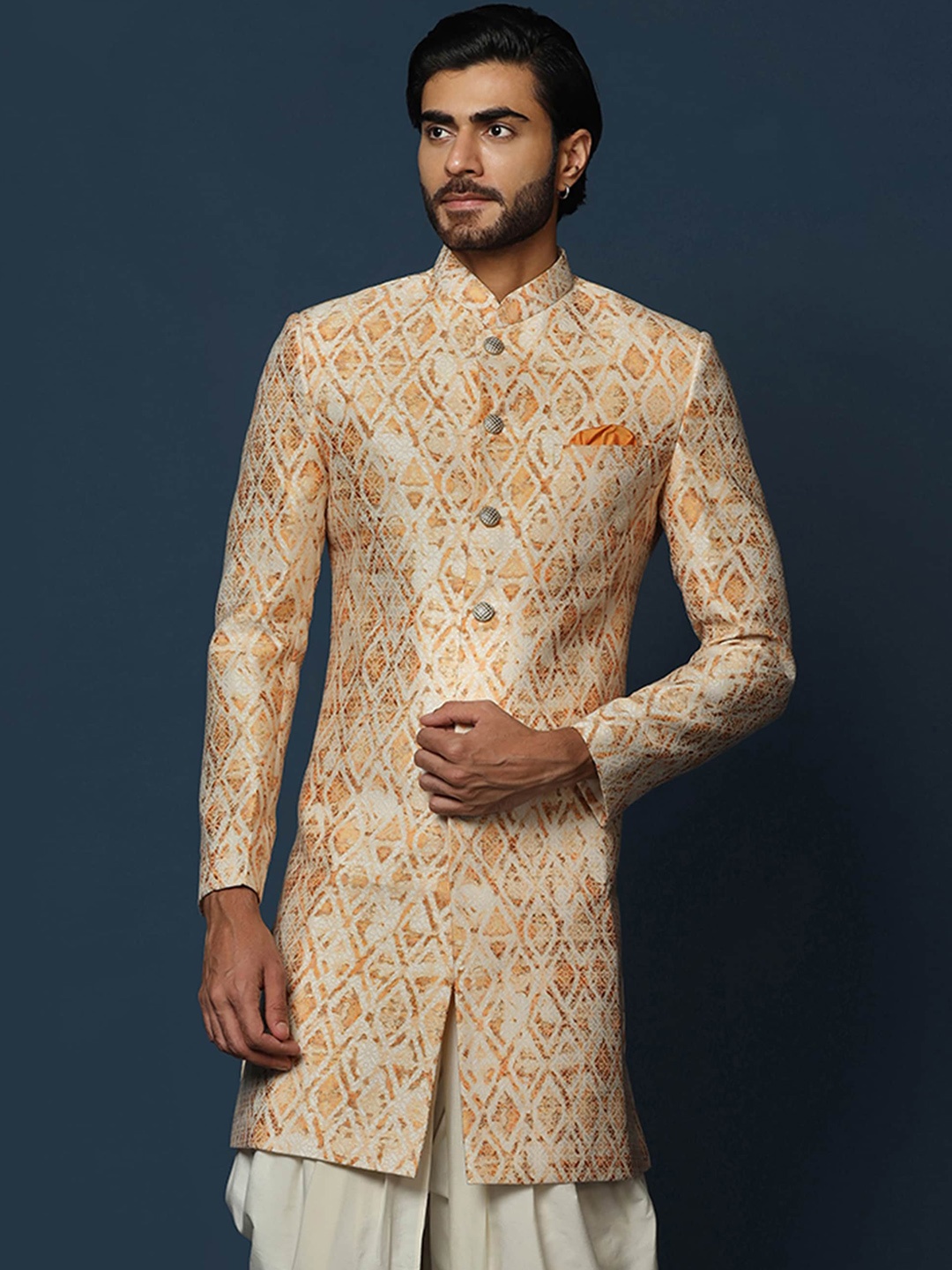KISAH Geometric Woven Design Mandarin Collar Sherwani, Orange