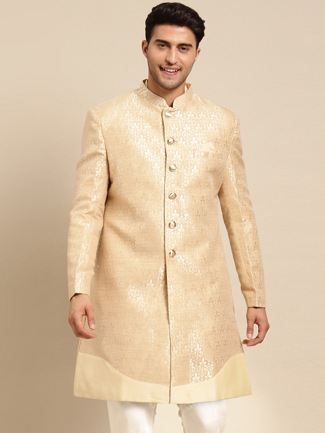 

KISAH Men Floral Woven Design Mandarin Collar Indowestern Sherwani, Beige