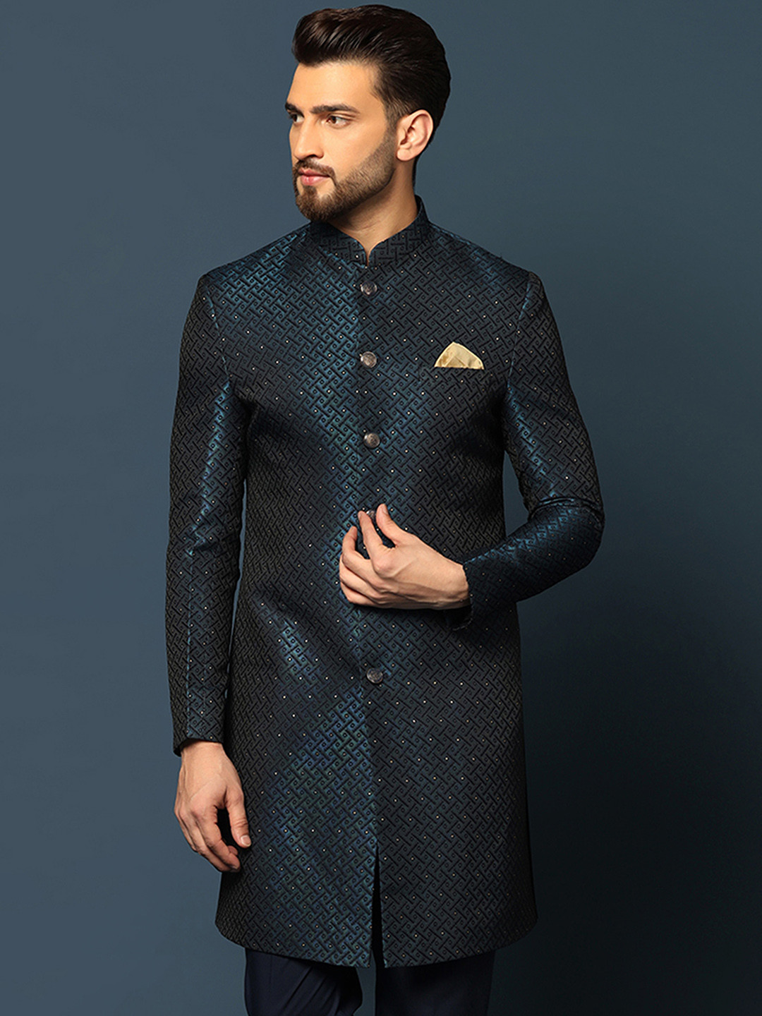 

KISAH Men Geometric Self Design Mandarin Collar Indowestern Sherwani, Navy blue