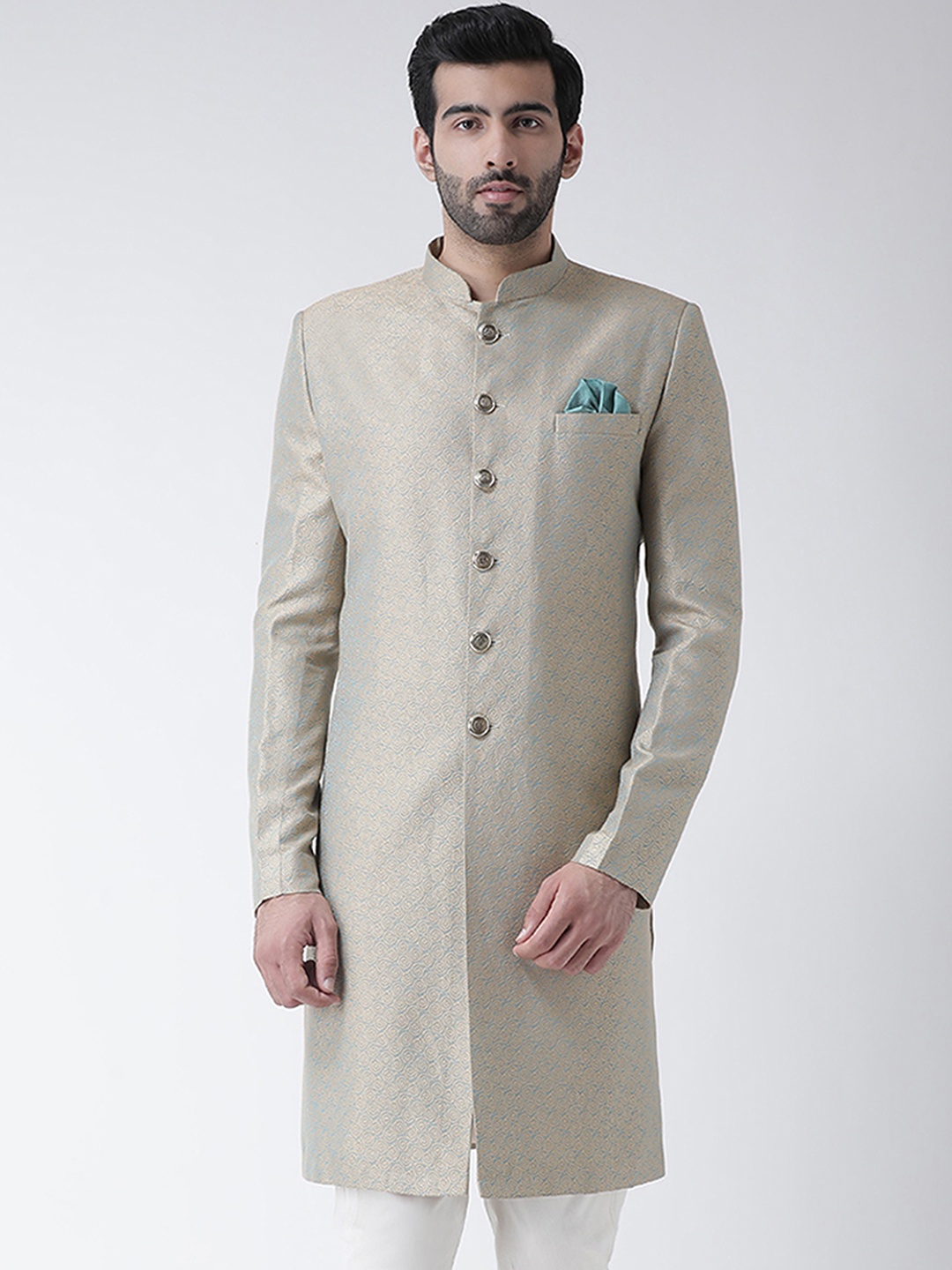 

KISAH Men Ethnic Motifs Woven Design Mandarin Collar Indowestern Sherwani, Beige