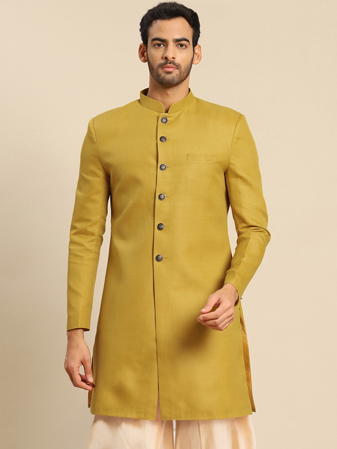 

KISAH Men Mandarin Collar Indowestern Sherwani, Yellow