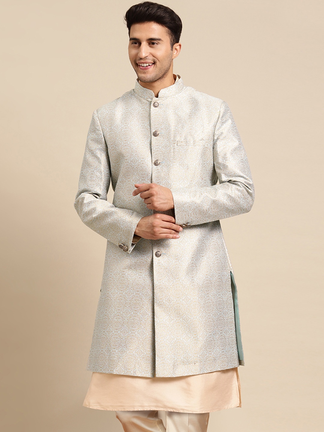 

KISAH Men Ethnic Motifs Woven Design Mandarin Collar Indowestern Sherwani, Grey