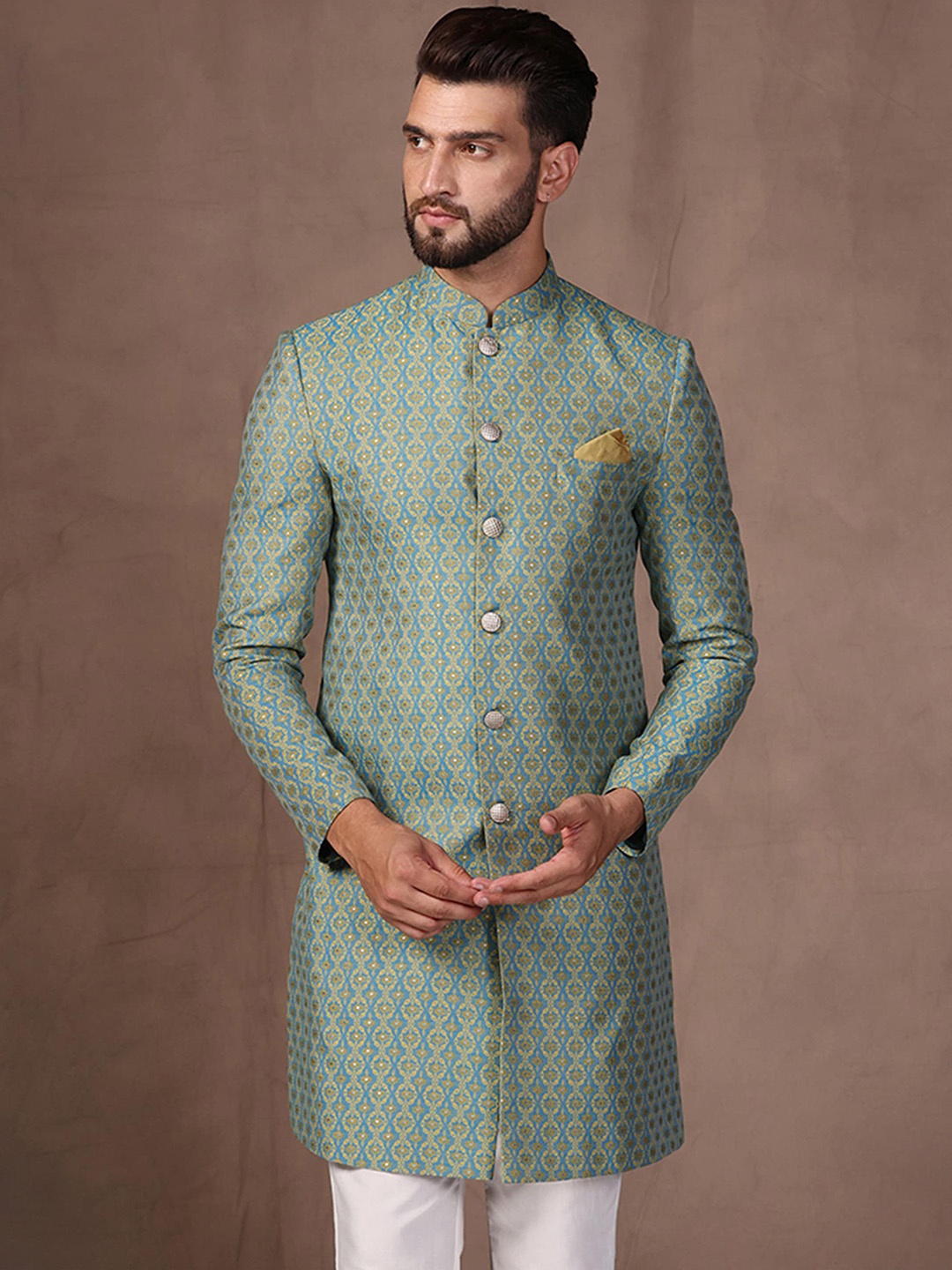 

KISAH Men Ethnic Motifs Printed Mandarin Collar Indowestern Sherwani, Green