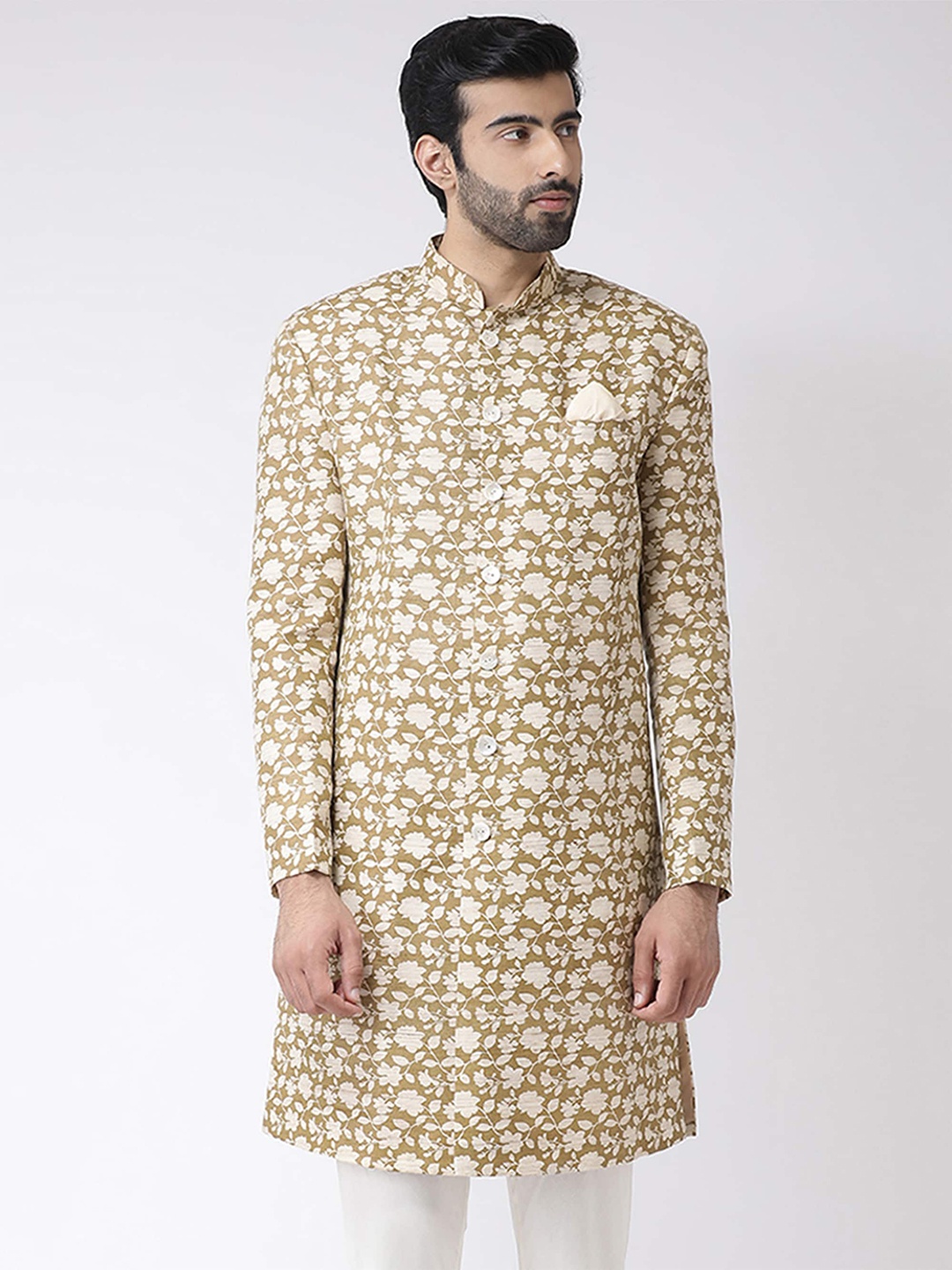 

KISAH Men Floral Printed Mandarin Collar Indowestern Sherwani, Beige