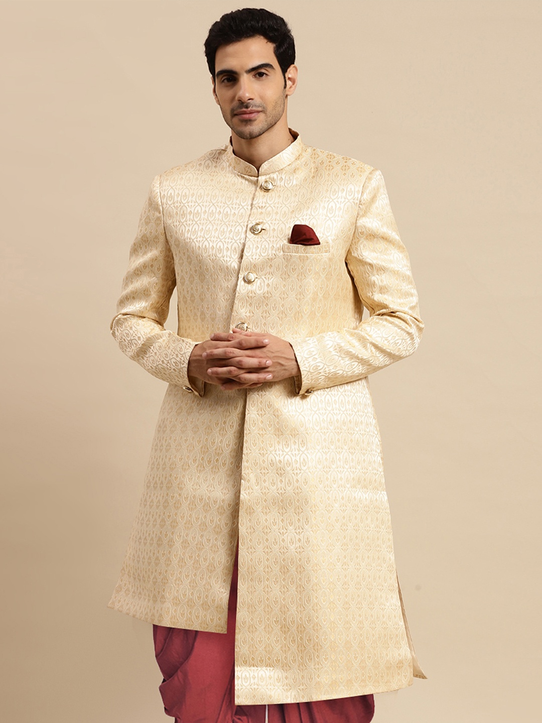 

KISAH Men Ethnic Motifs Woven Design Mandarin Collar Indowestern Sherwani, Gold
