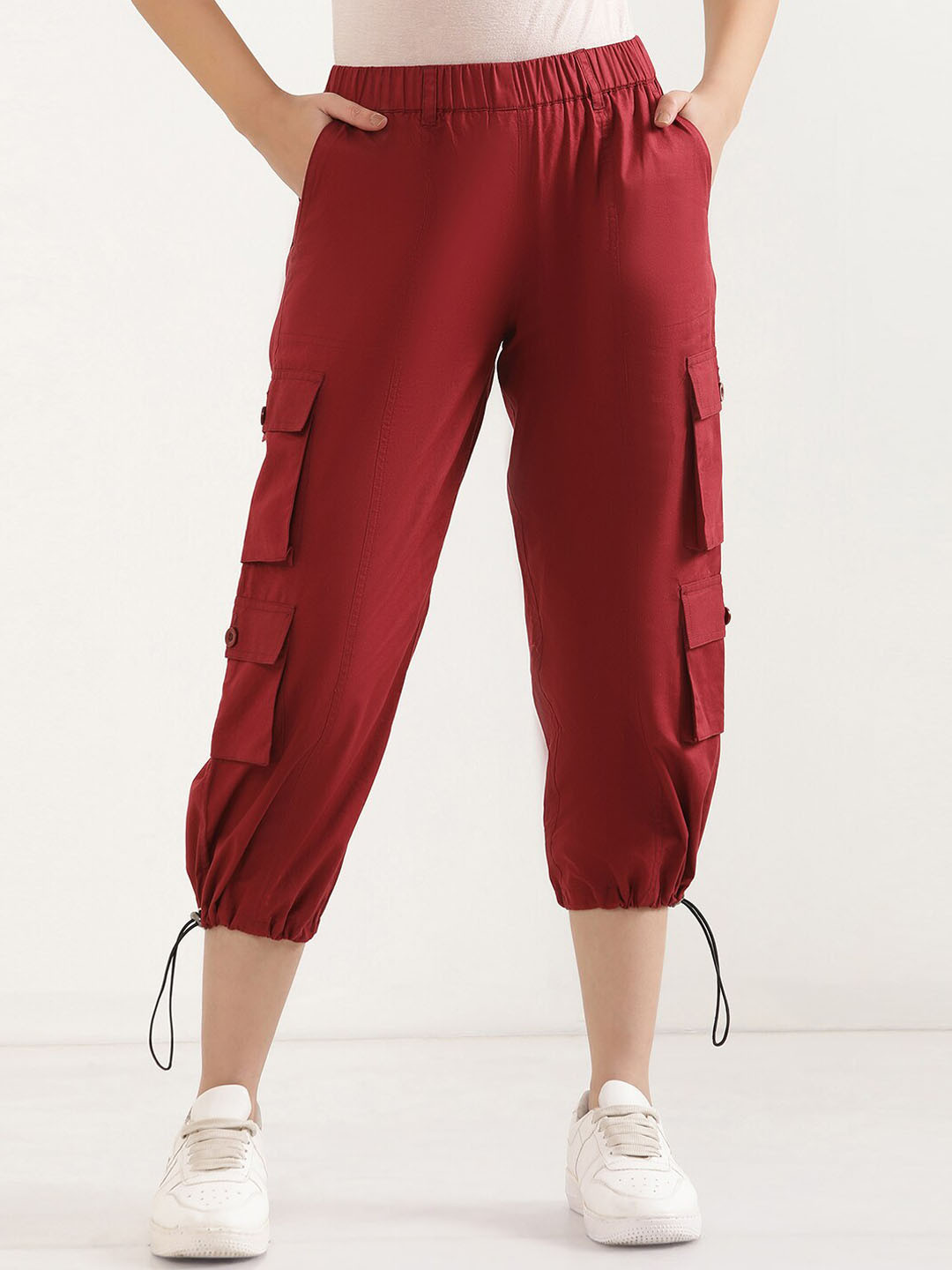 

elleven Women Straight Fit Mid-Rise Cargos Trousers, Red