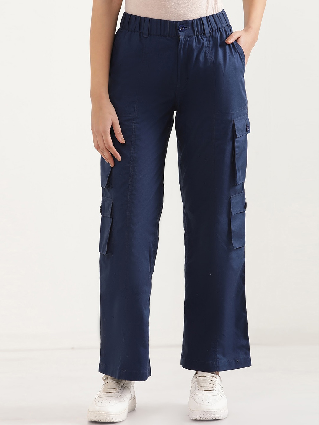 

elleven Women Mid-Rise Straight Fit Cotton Cargo Trouser, Blue