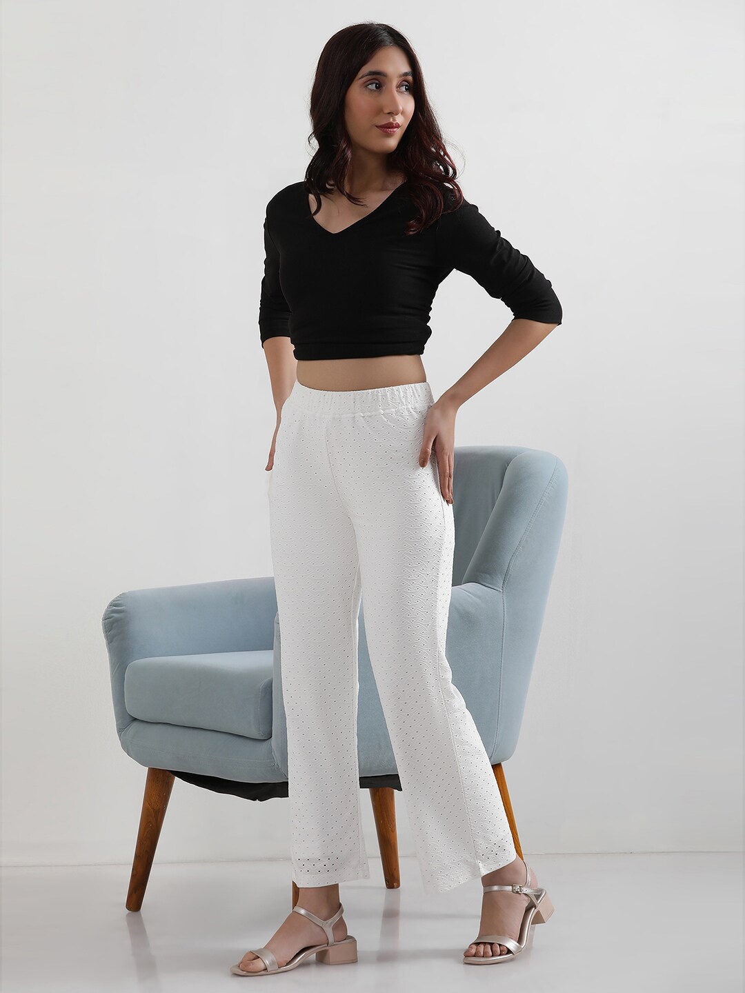 

elleven Self Design Straight Knitted Palazzos, White