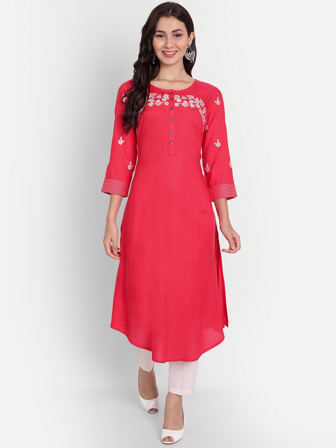 

SUTI Thread Work Round Neck Three-Quarter Sleeves A-Line Kurta, Coral