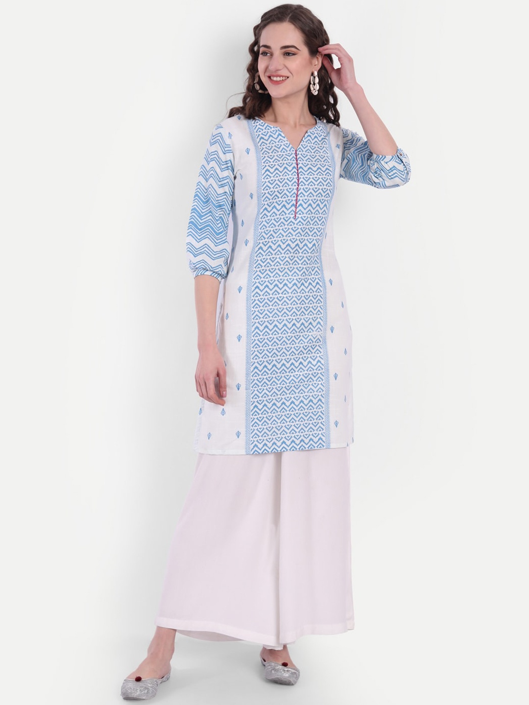 

SUTI Ethnic Motifs Printed Chikankari Notched Neck Three-Quarter Sleeves Straight Kurta, Blue