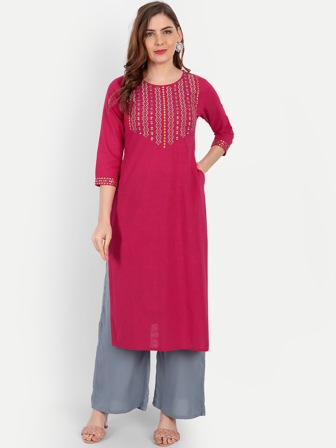 

SUTI Geometric Yoke Design Mirror Work Cotton Round Neck Straight Kurta, Pink