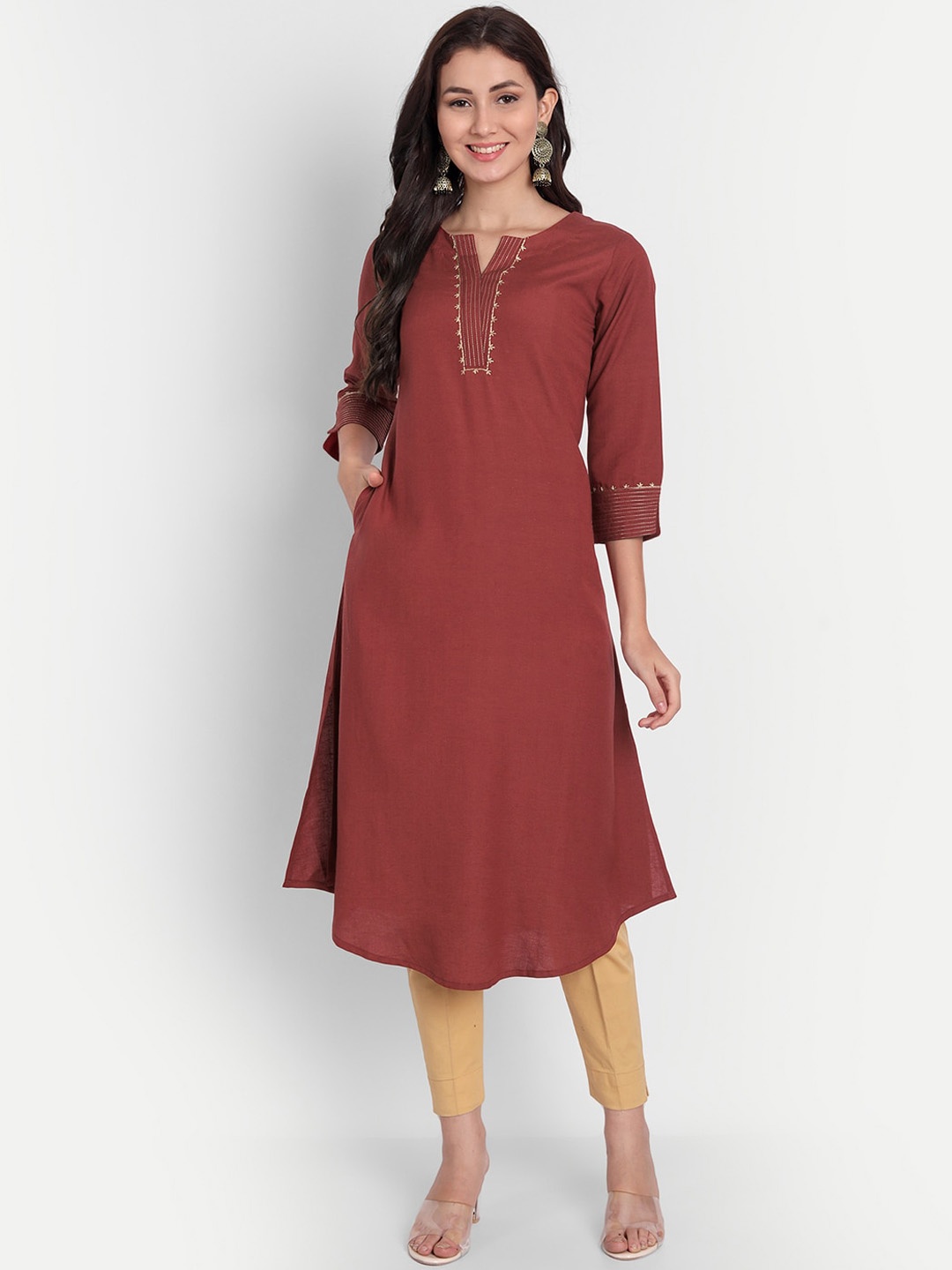 

SUTI Yoke Design Thread Work Notched Neck Three-Quarter Sleeves A-Line Kurta, Maroon