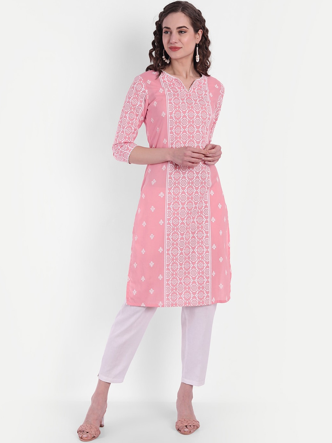 

SUTI Geometric Printed Thread Work Cotton Notched Neck A-Line Kurta, Pink