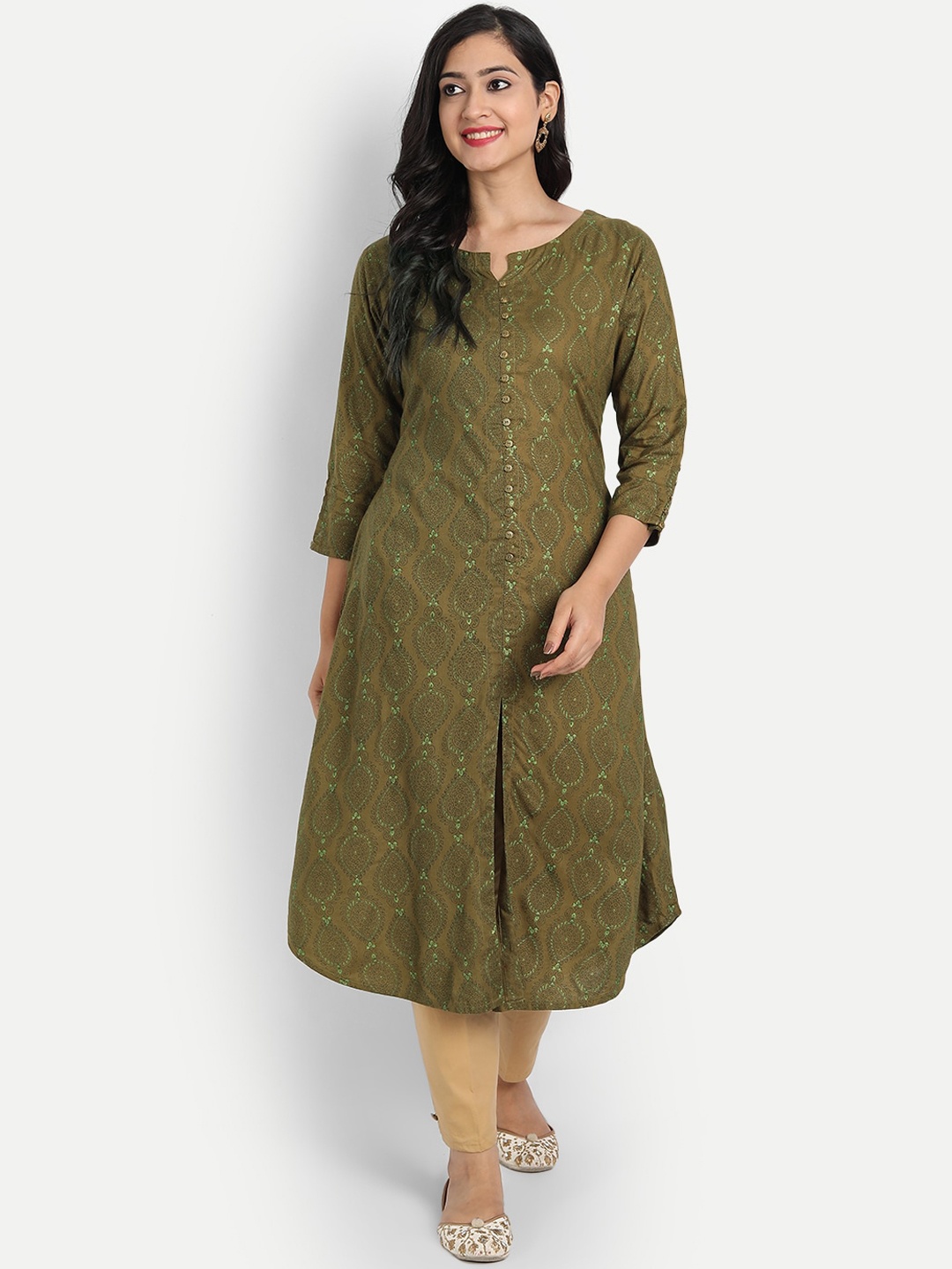 

SUTI Ethnic Motifs Chikankari Notched-Neck Three-Quarter Sleeves A-Line Kurta, Green