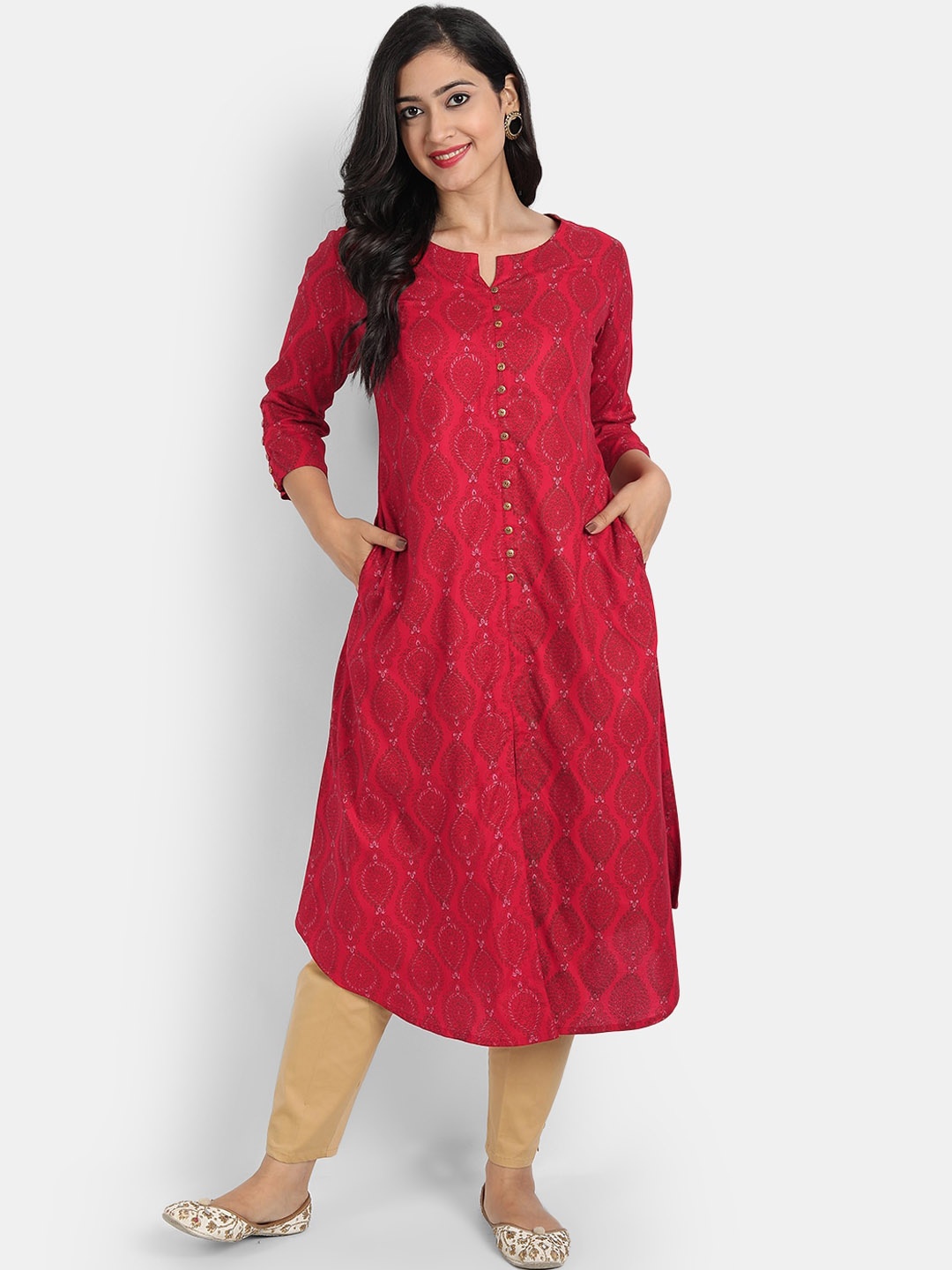 

SUTI Ethnic Motifs Printed Thread Work Notched Neck Three-Quarter Sleeves A-Line Kurta, Red
